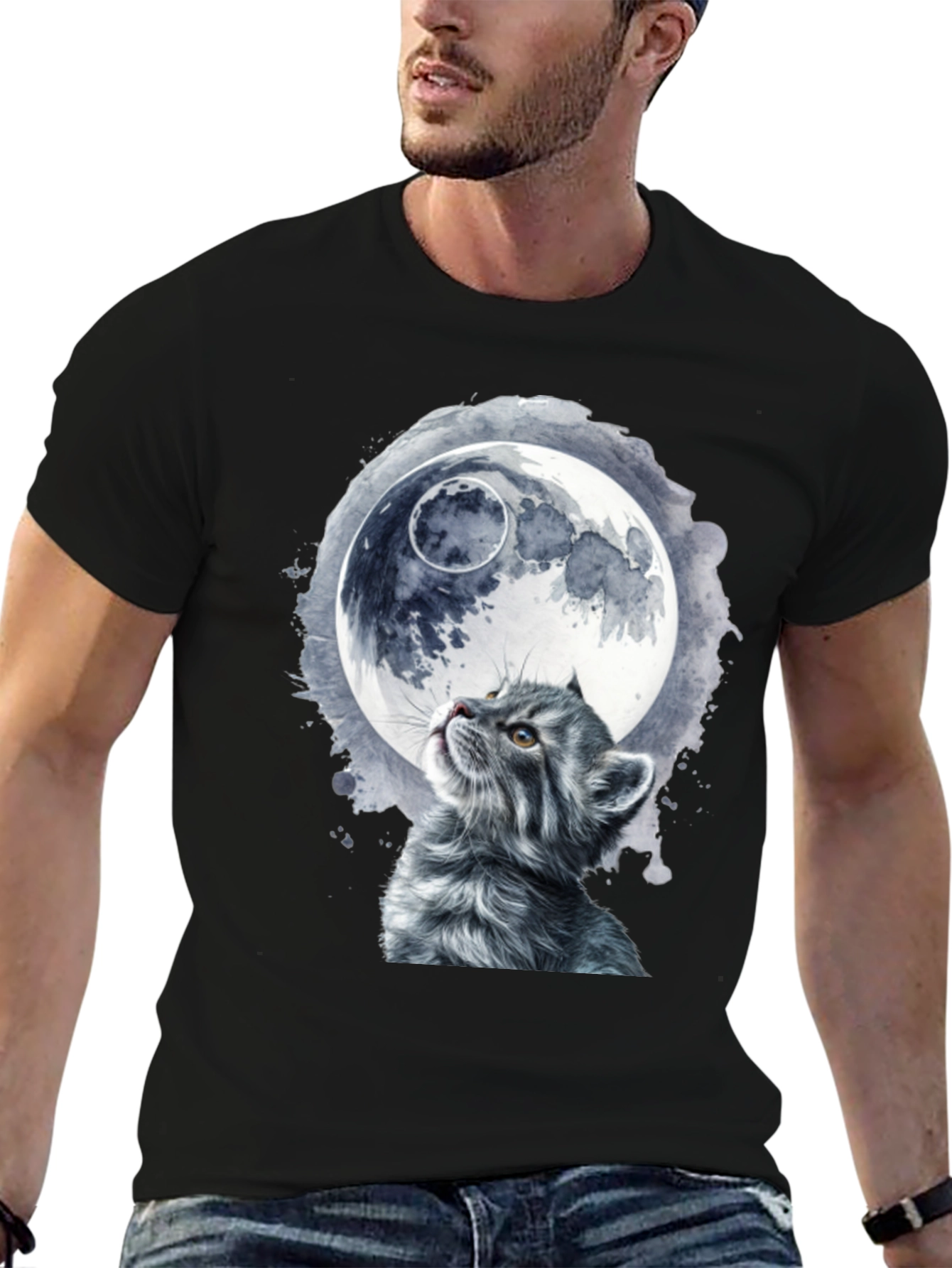 Cat & Moon Graphic T-Shirt - Unique Black Tee