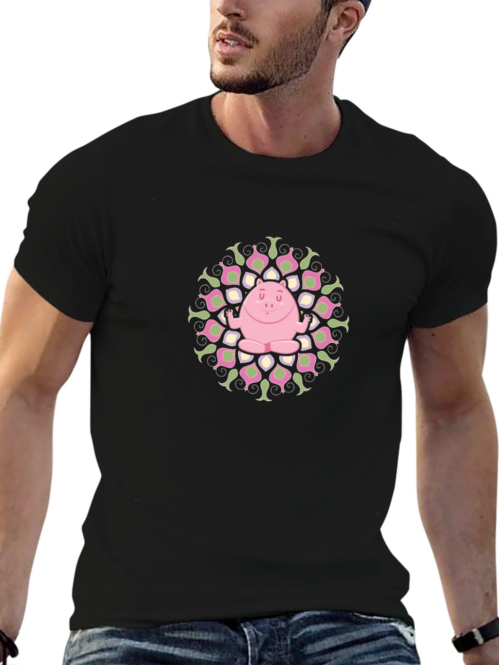 Yoga Pig Mandala Black Tee