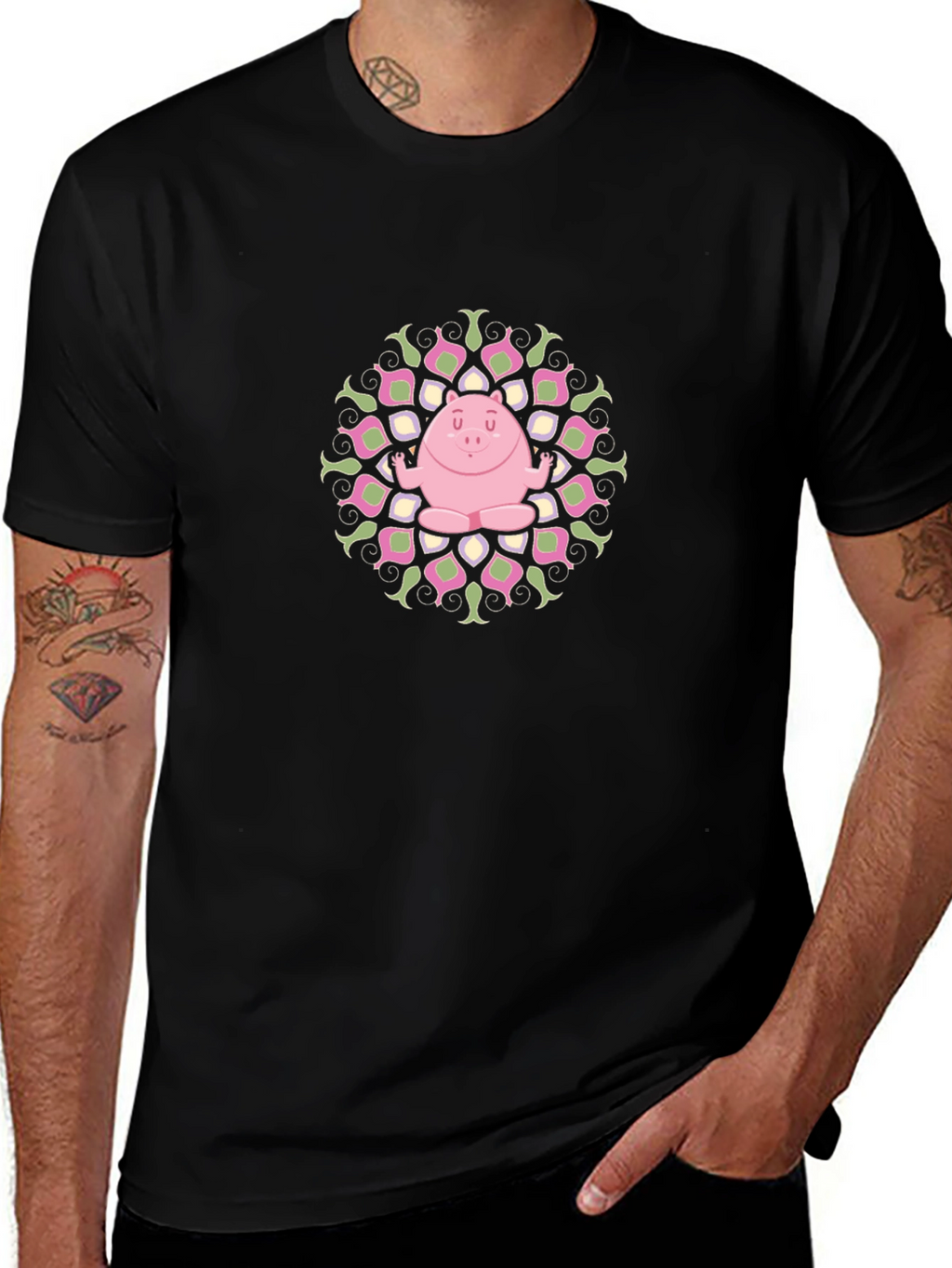 Yoga Pig Mandala Black Tee