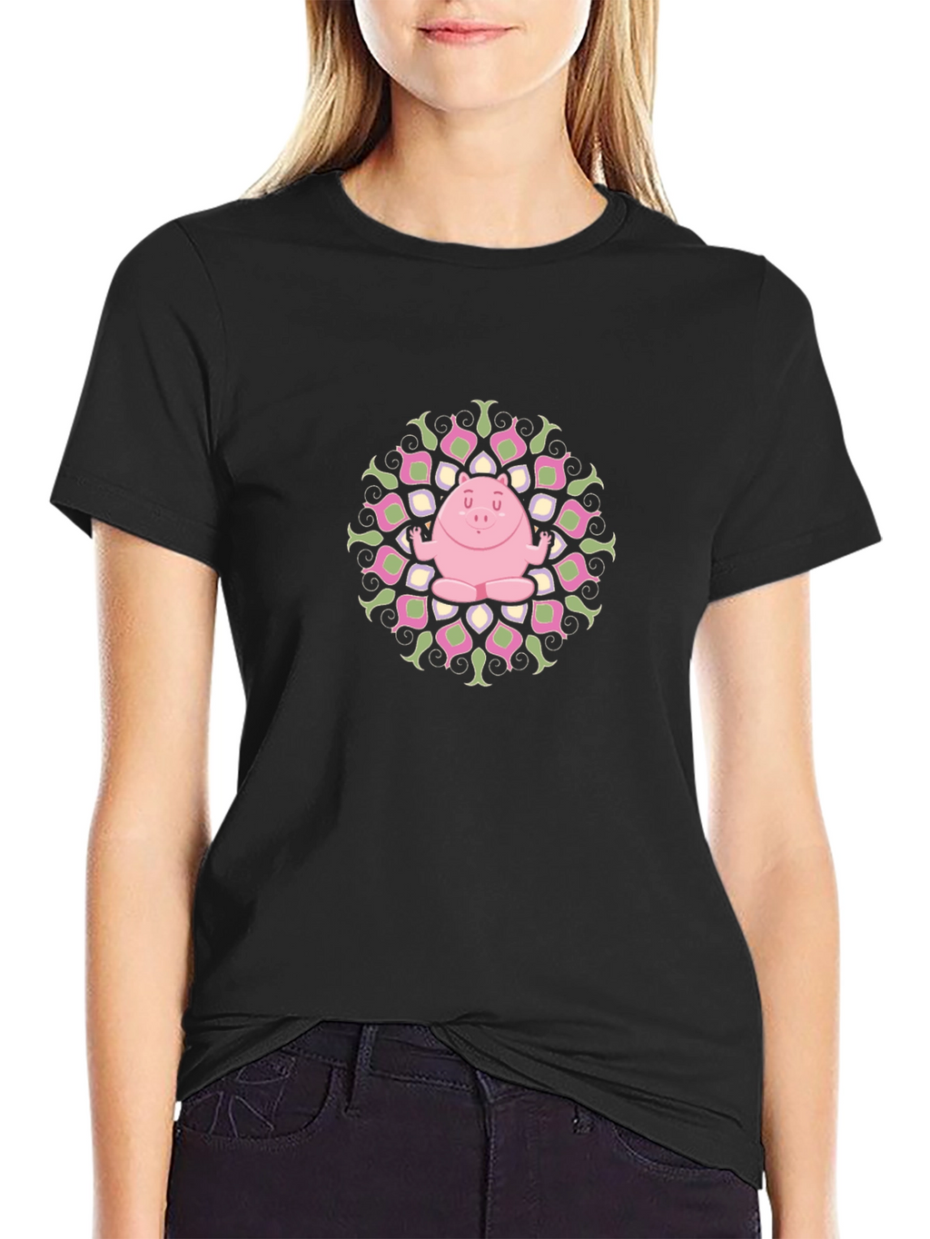 Yoga Pig Mandala Black Tee