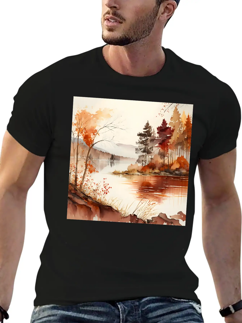 Forest Lake Autumn Landscape Unisex Casual T-Shirt – Clean Design For Daily Comfort