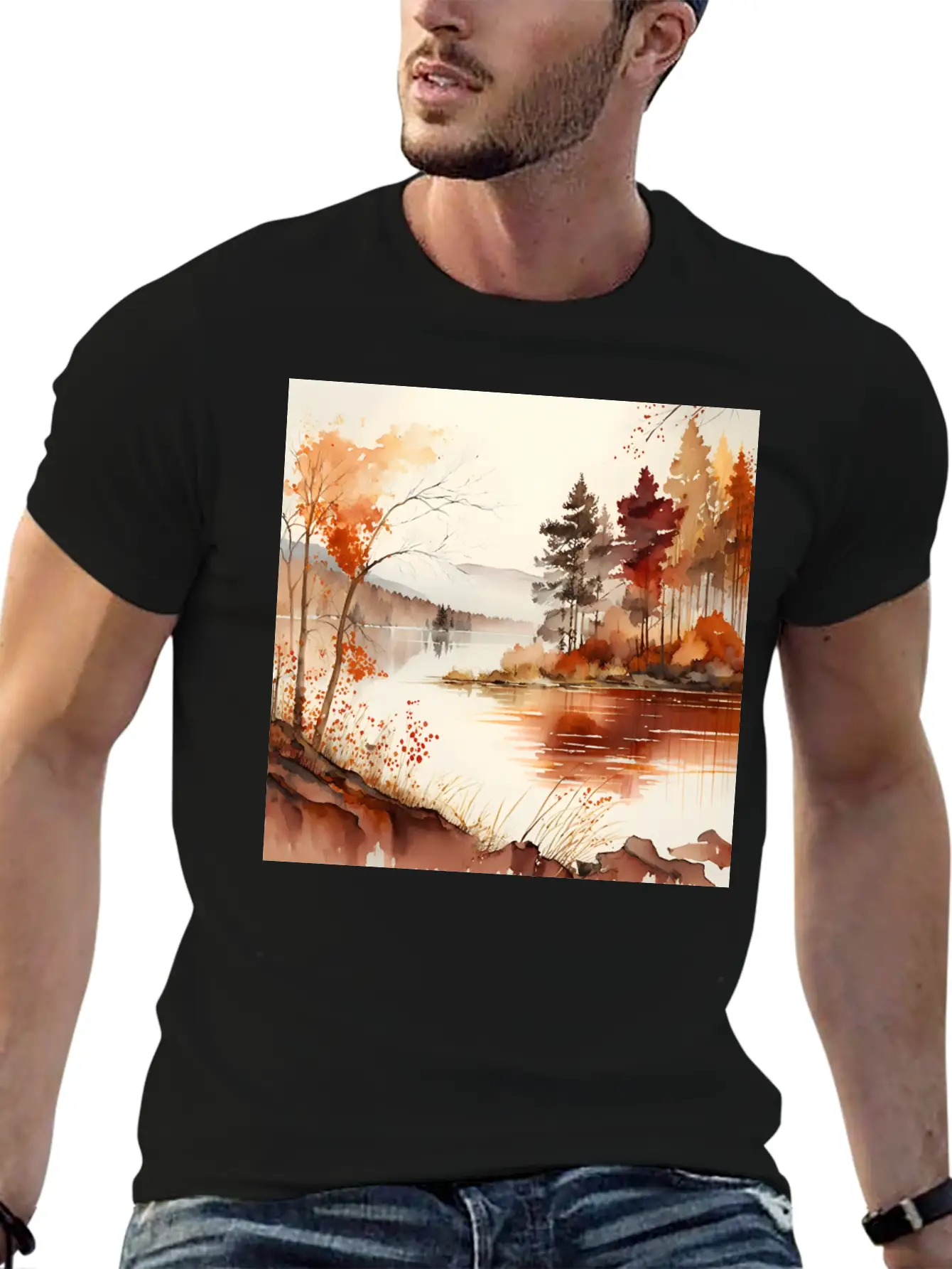 Forest Lake Autumn Landscape Unisex Casual T-Shirt – Clean Design For Daily Comfort