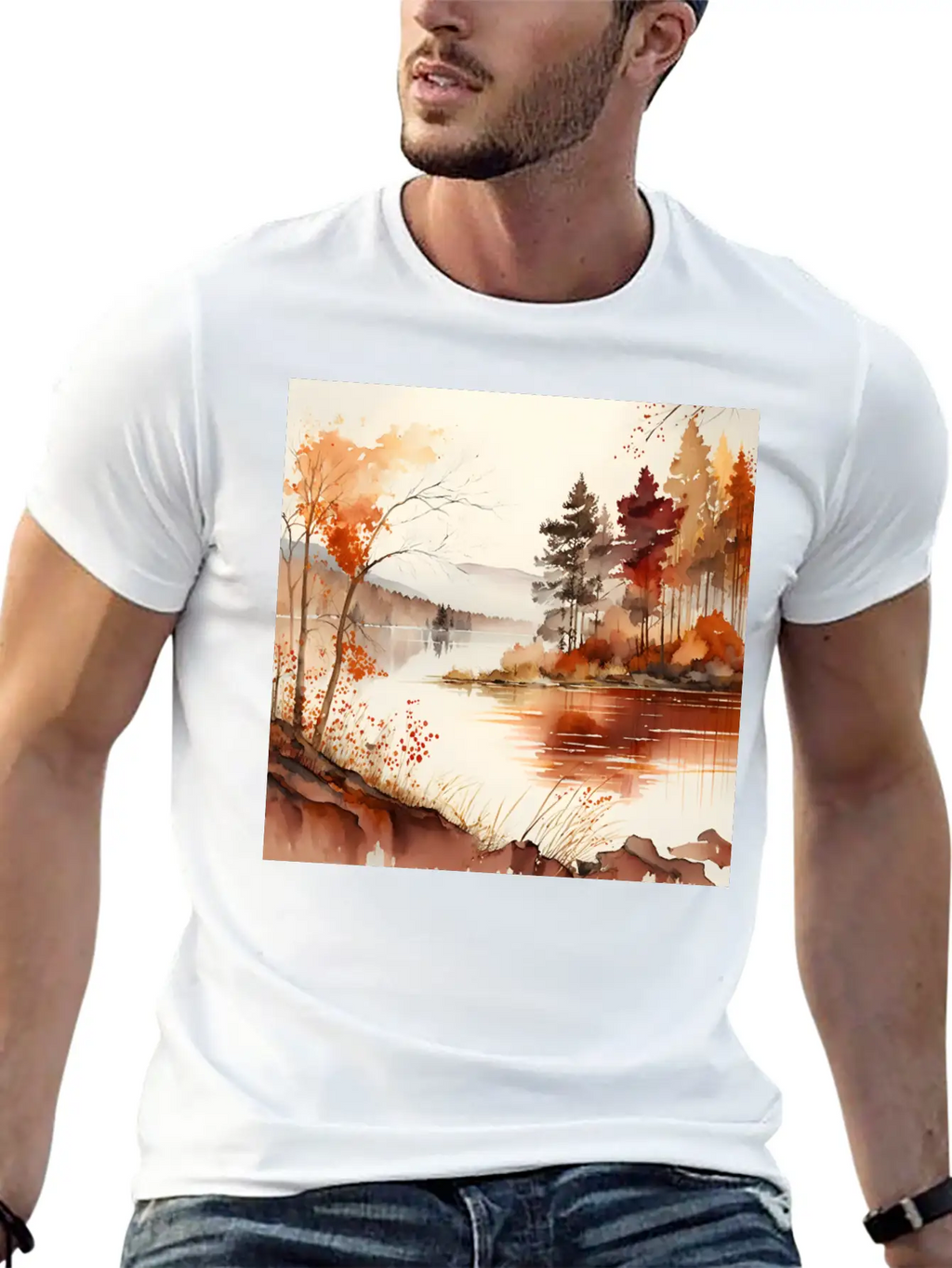 Forest Lake Autumn Landscape Unisex Casual T-Shirt – Clean Design For Daily Comfort