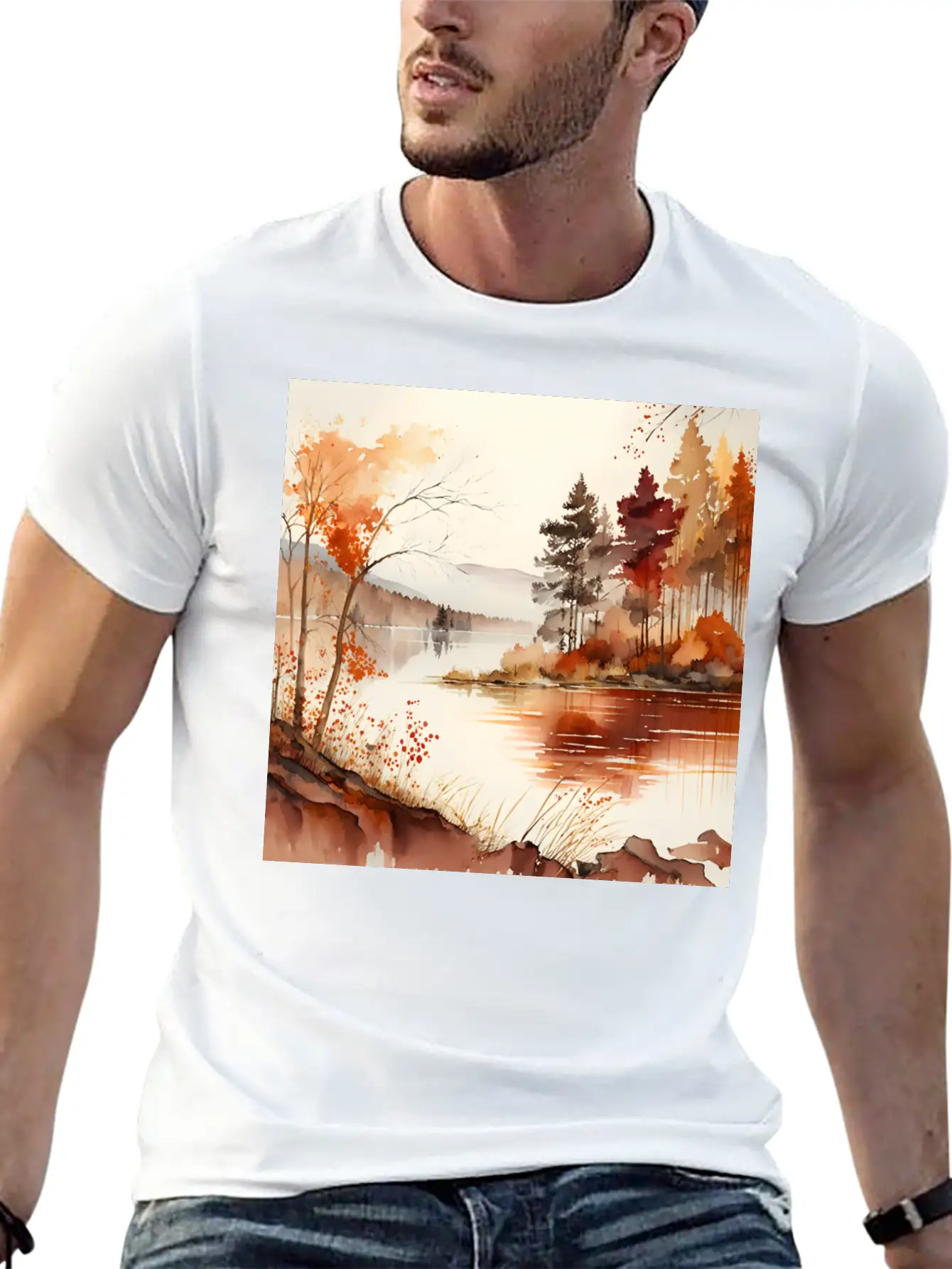 Forest Lake Autumn Landscape Unisex Casual T-Shirt – Clean Design For Daily Comfort