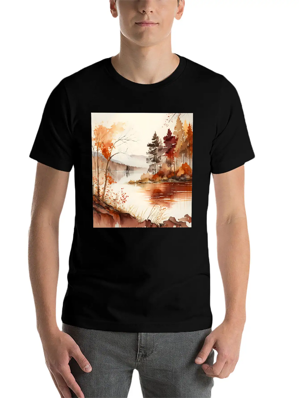 Forest Lake Autumn Landscape Unisex Casual T-Shirt – Clean Design For Daily Comfort