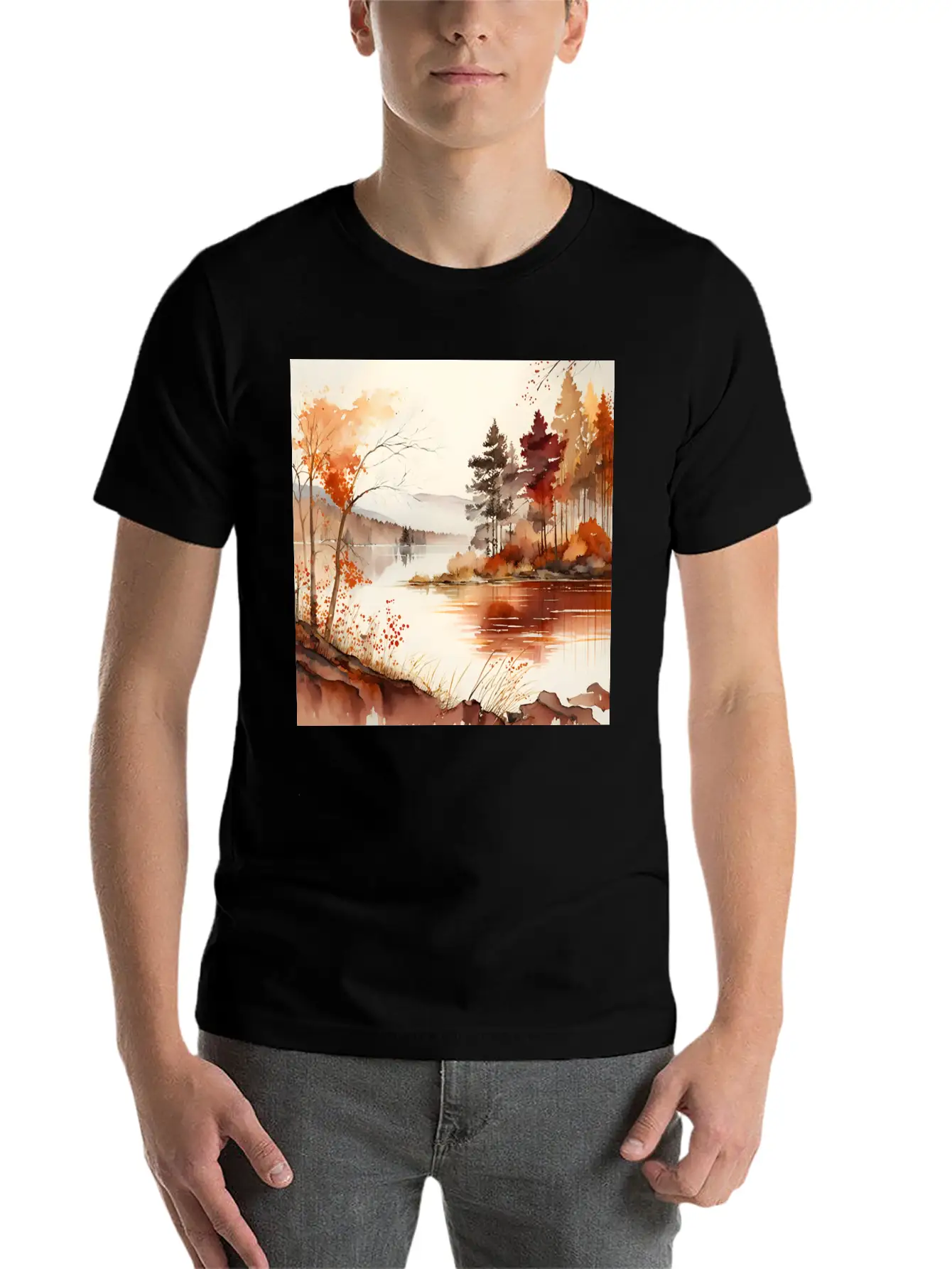 Forest Lake Autumn Landscape Unisex Casual T-Shirt – Clean Design For Daily Comfort