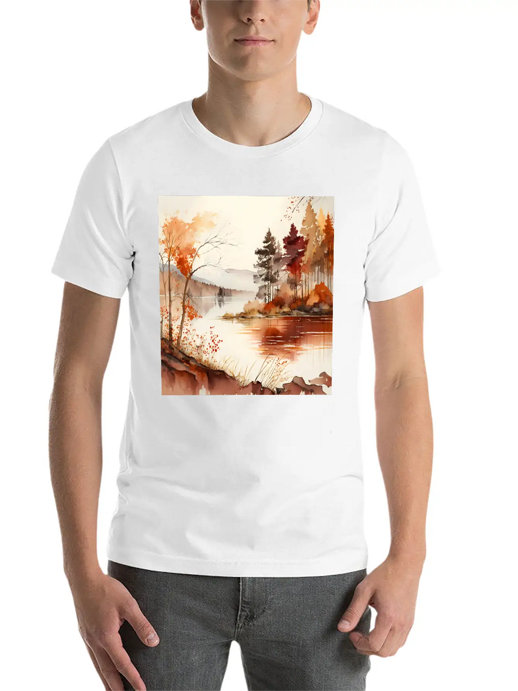 Forest Lake Autumn Landscape Unisex Casual T-Shirt – Clean Design For Daily Comfort