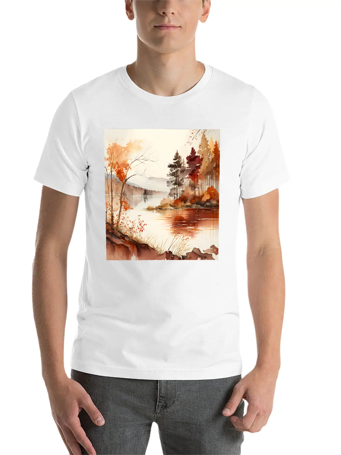 Forest Lake Autumn Landscape Unisex Casual T-Shirt – Clean Design For Daily Comfort
