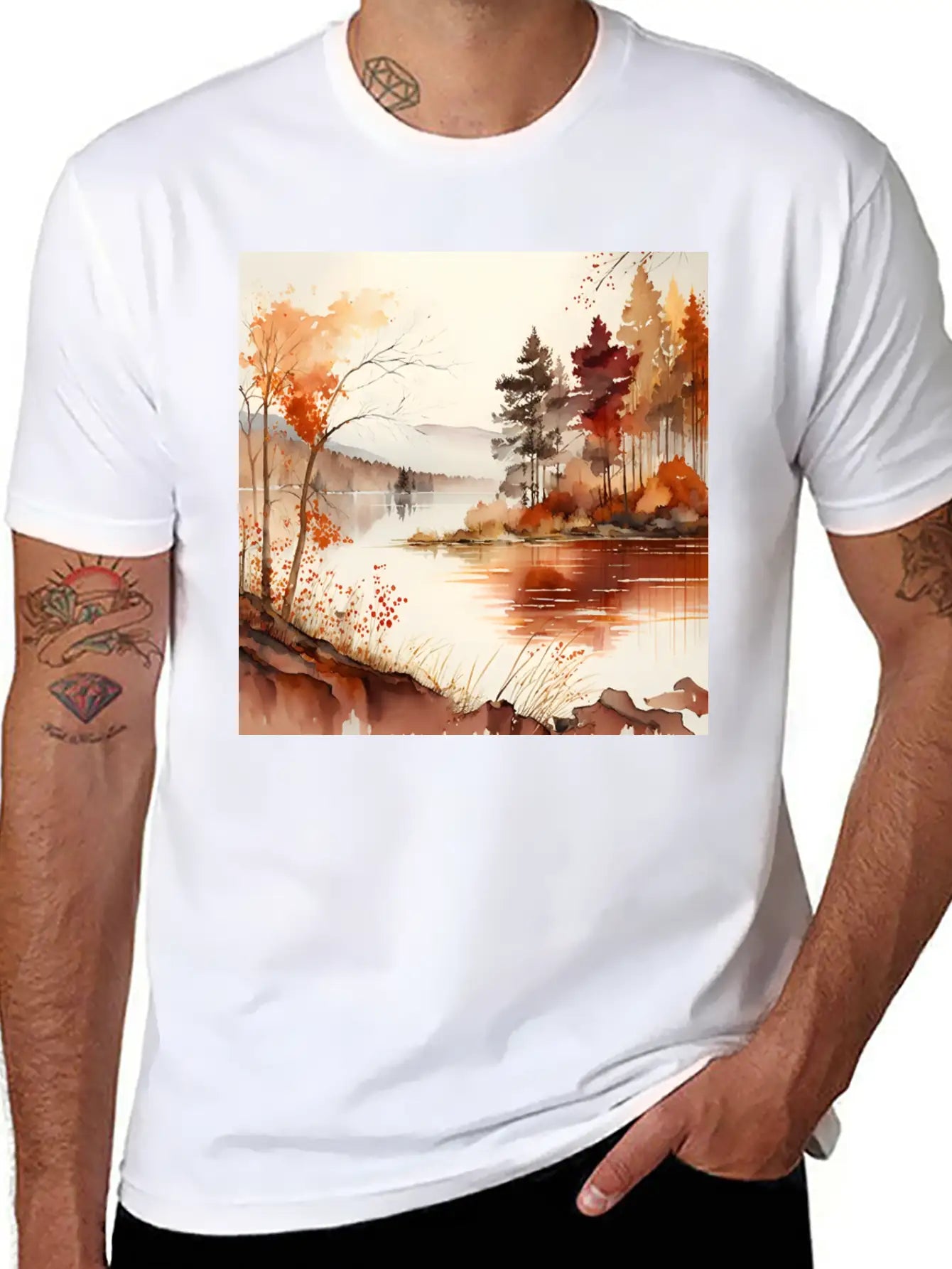 Forest Lake Autumn Landscape Unisex Casual T-Shirt – Clean Design For Daily Comfort