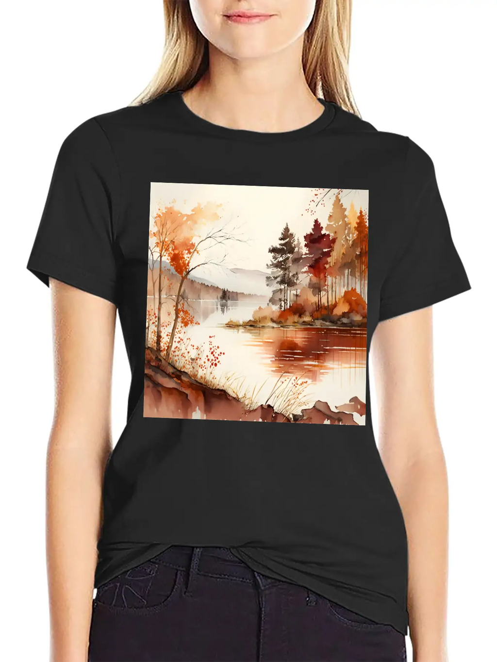 Forest Lake Autumn Landscape Unisex Casual T-Shirt – Clean Design For Daily Comfort