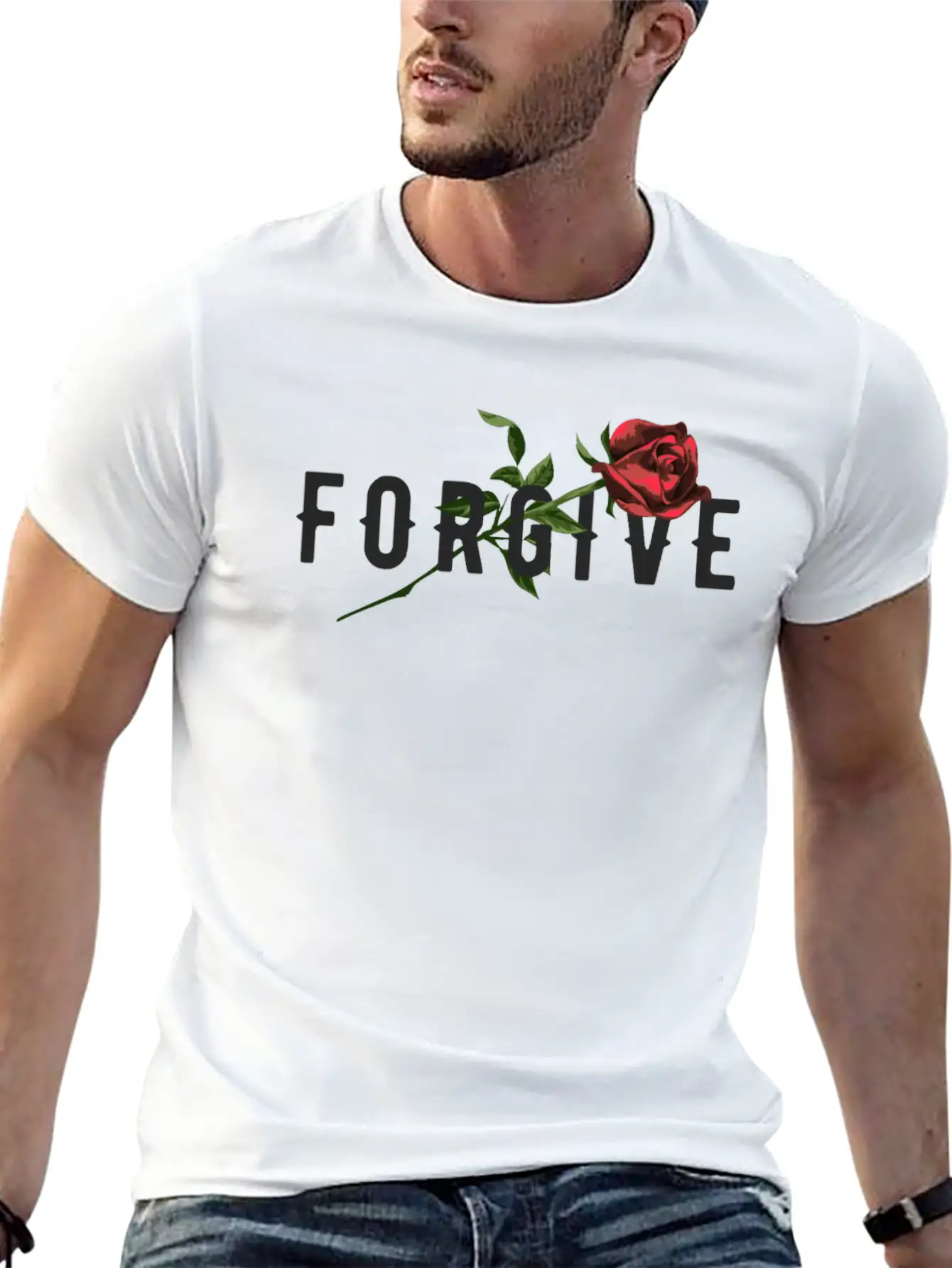 Forgive Slogan With Rose Illustration Breathable Soft Cotton T-Shirt – Timeless Casual Look