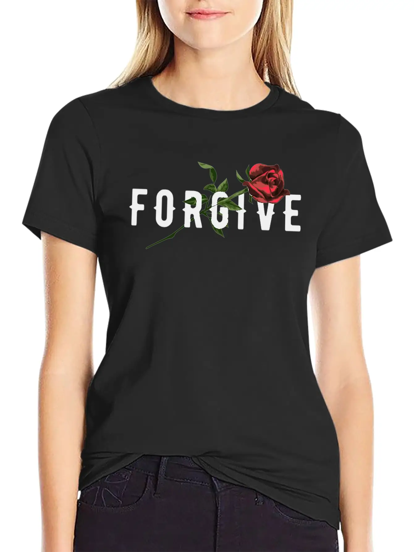 Forgive Slogan With Rose Illustration Breathable Soft Cotton T-Shirt – Timeless Casual Look