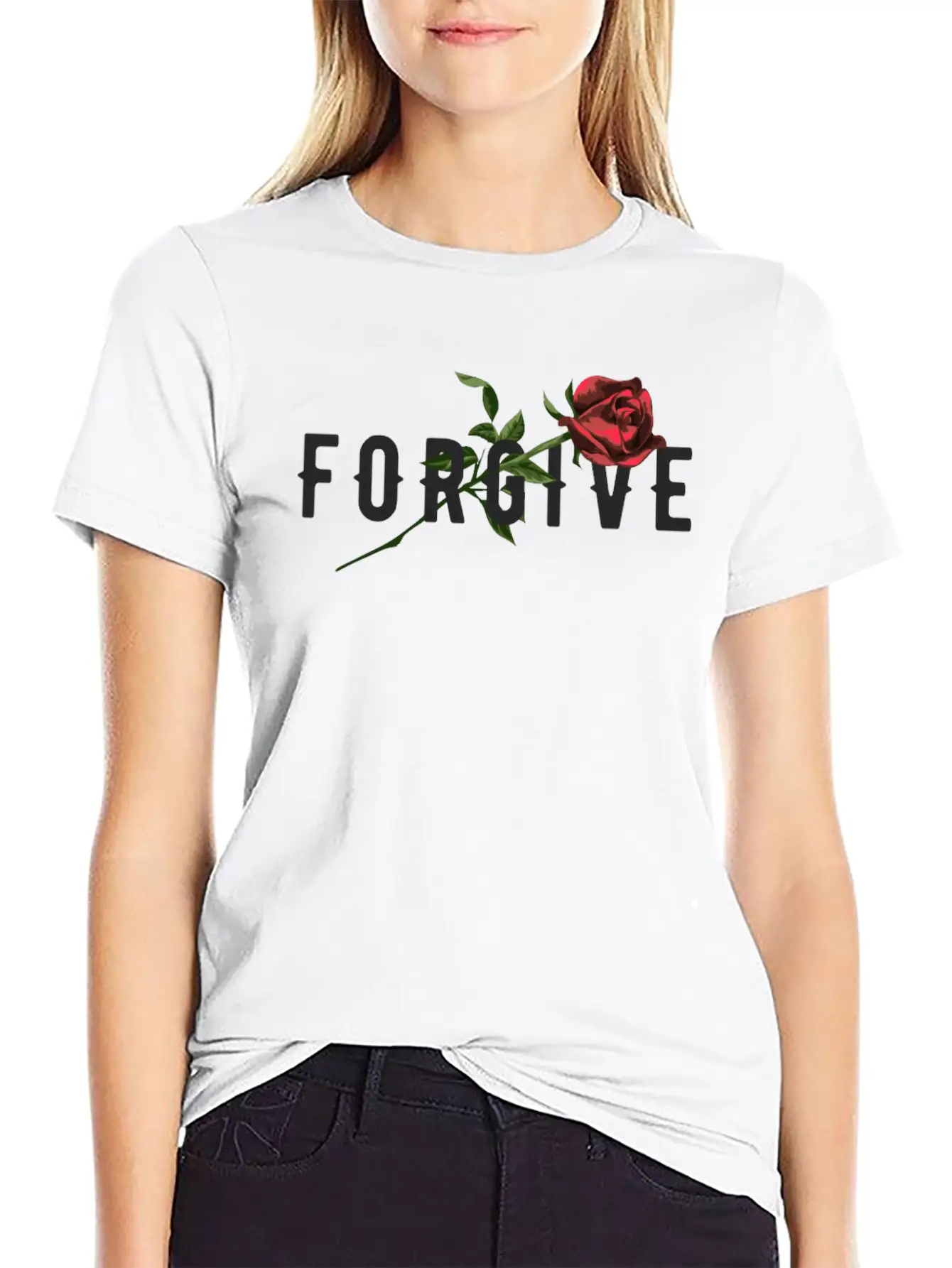 Forgive Slogan With Rose Illustration Breathable Soft Cotton T-Shirt – Timeless Casual Look
