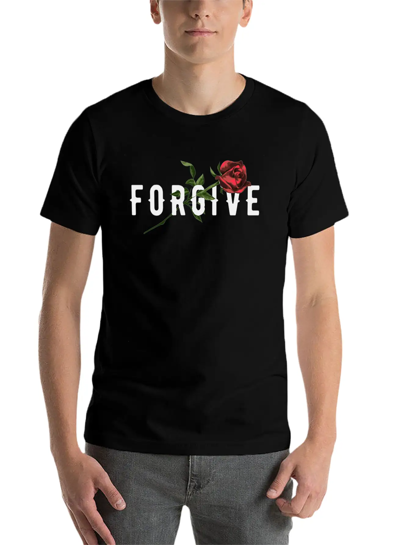 Forgive Slogan With Rose Illustration Breathable Soft Cotton T-Shirt – Timeless Casual Look