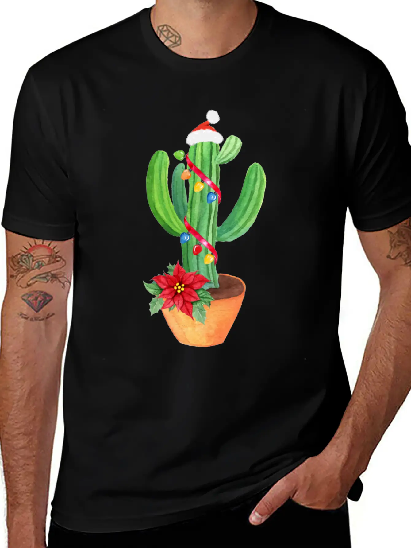 Funny Christmas Lights Cactus Santa Hat Cactus Essential Cotton Tee For Daily Outfits – Unisex Style