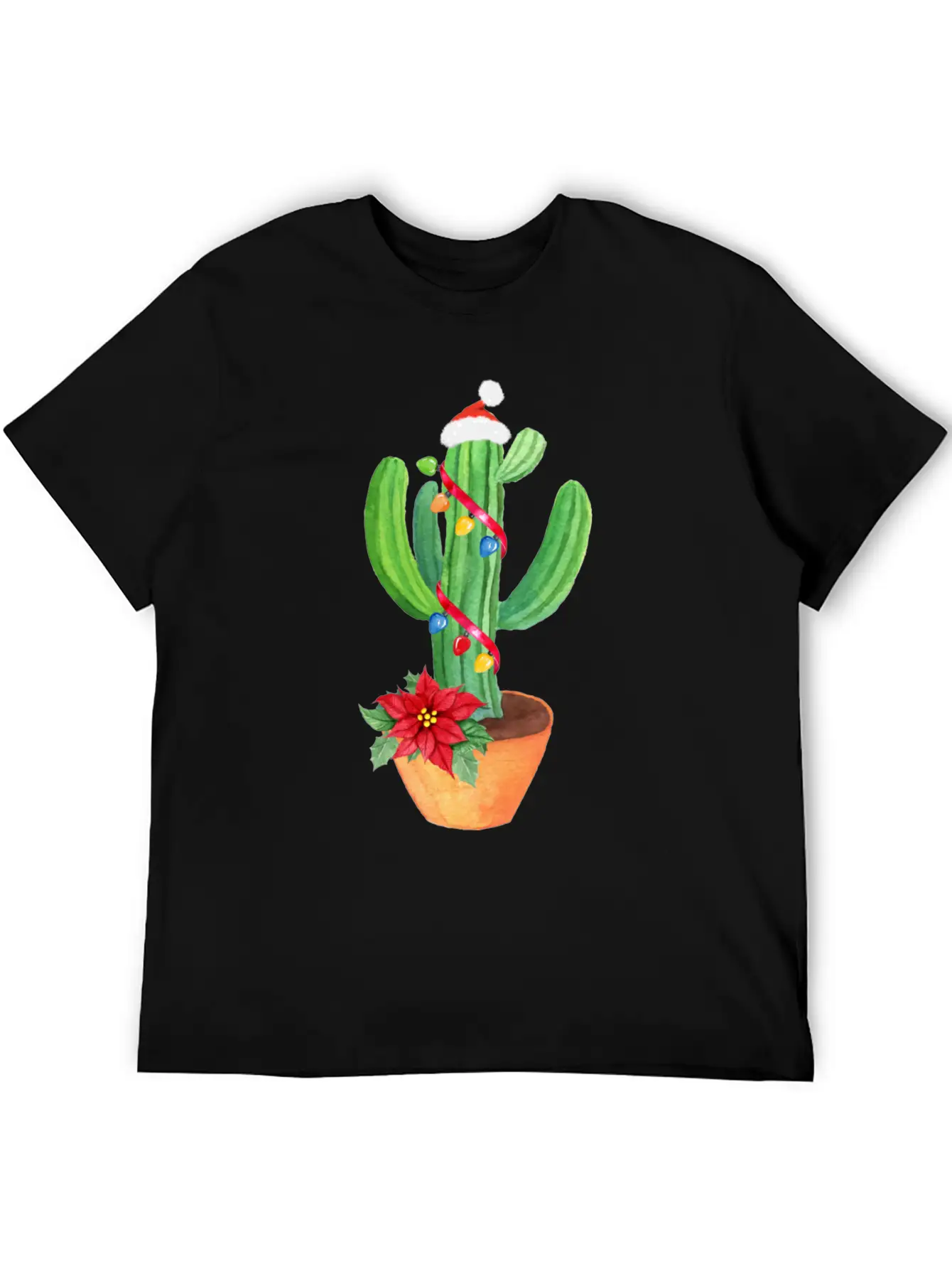 Funny Christmas Lights Cactus Santa Hat Cactus Essential Cotton Tee For Daily Outfits – Unisex Style