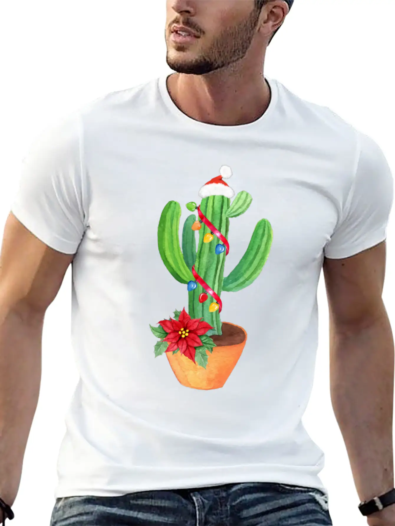 Funny Christmas Lights Cactus Santa Hat Cactus Essential Cotton Tee For Daily Outfits – Unisex Style