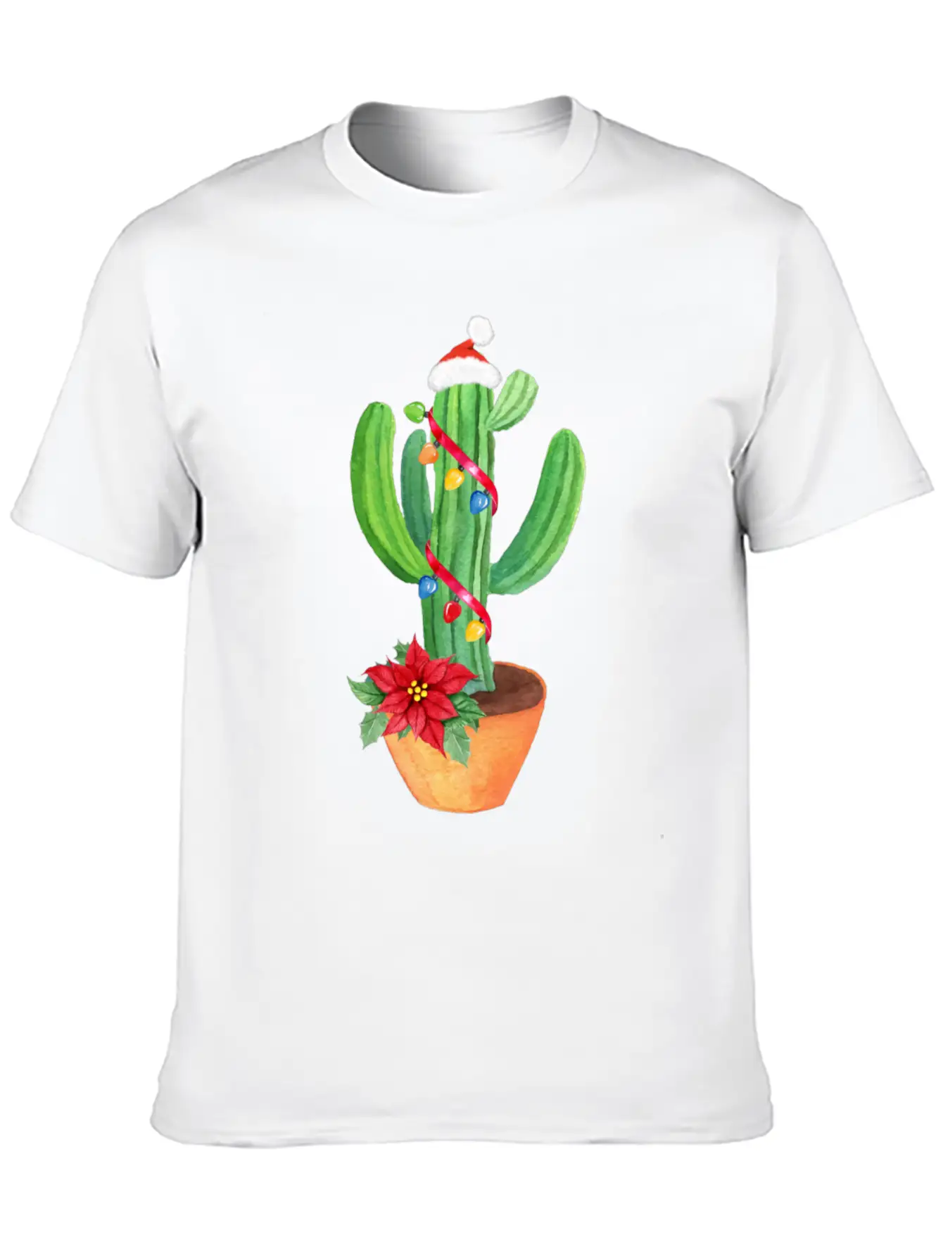 Funny Christmas Lights Cactus Santa Hat Cactus Essential Cotton Tee For Daily Outfits – Unisex Style