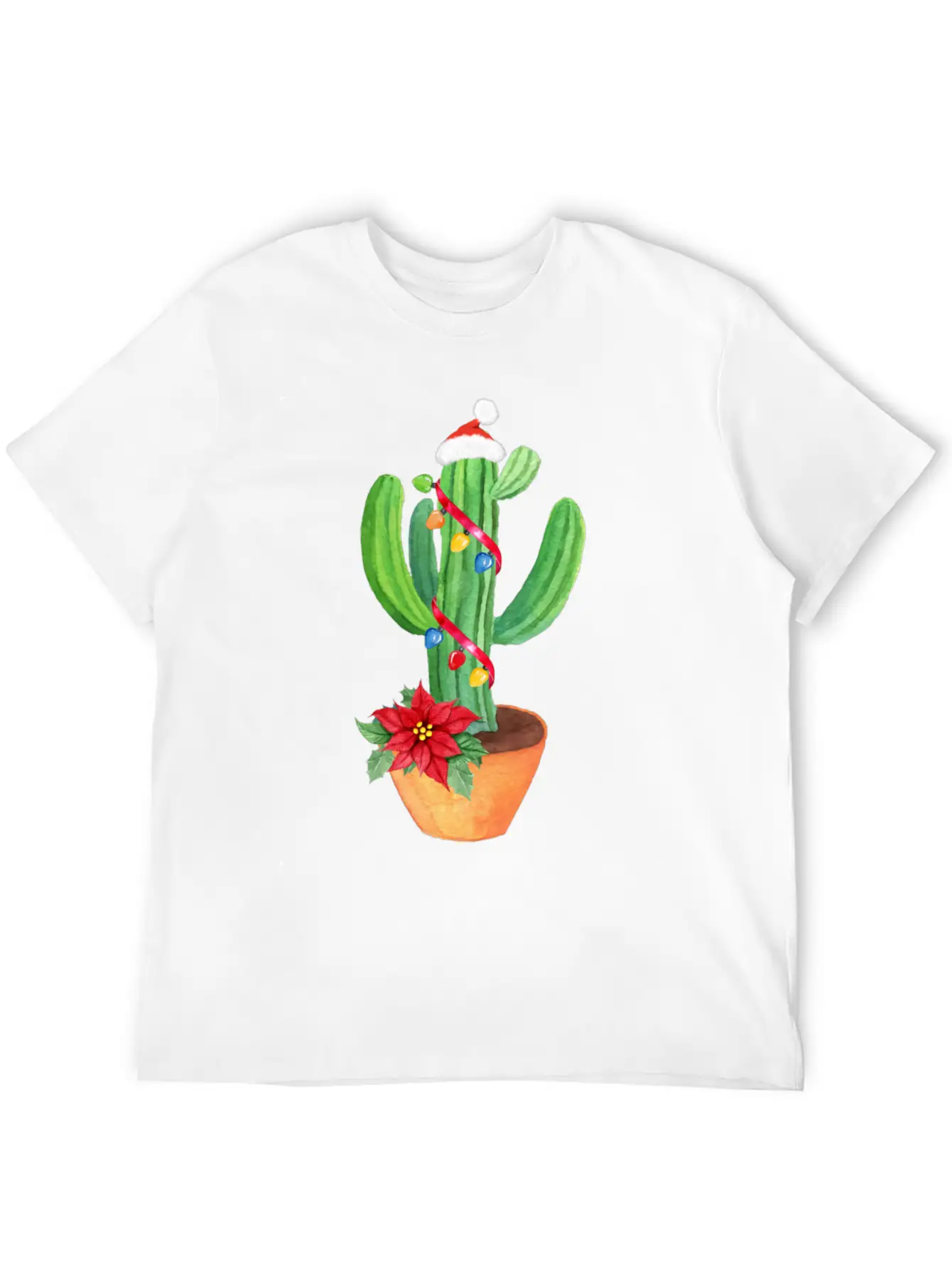 Funny Christmas Lights Cactus Santa Hat Cactus Essential Cotton Tee For Daily Outfits – Unisex Style