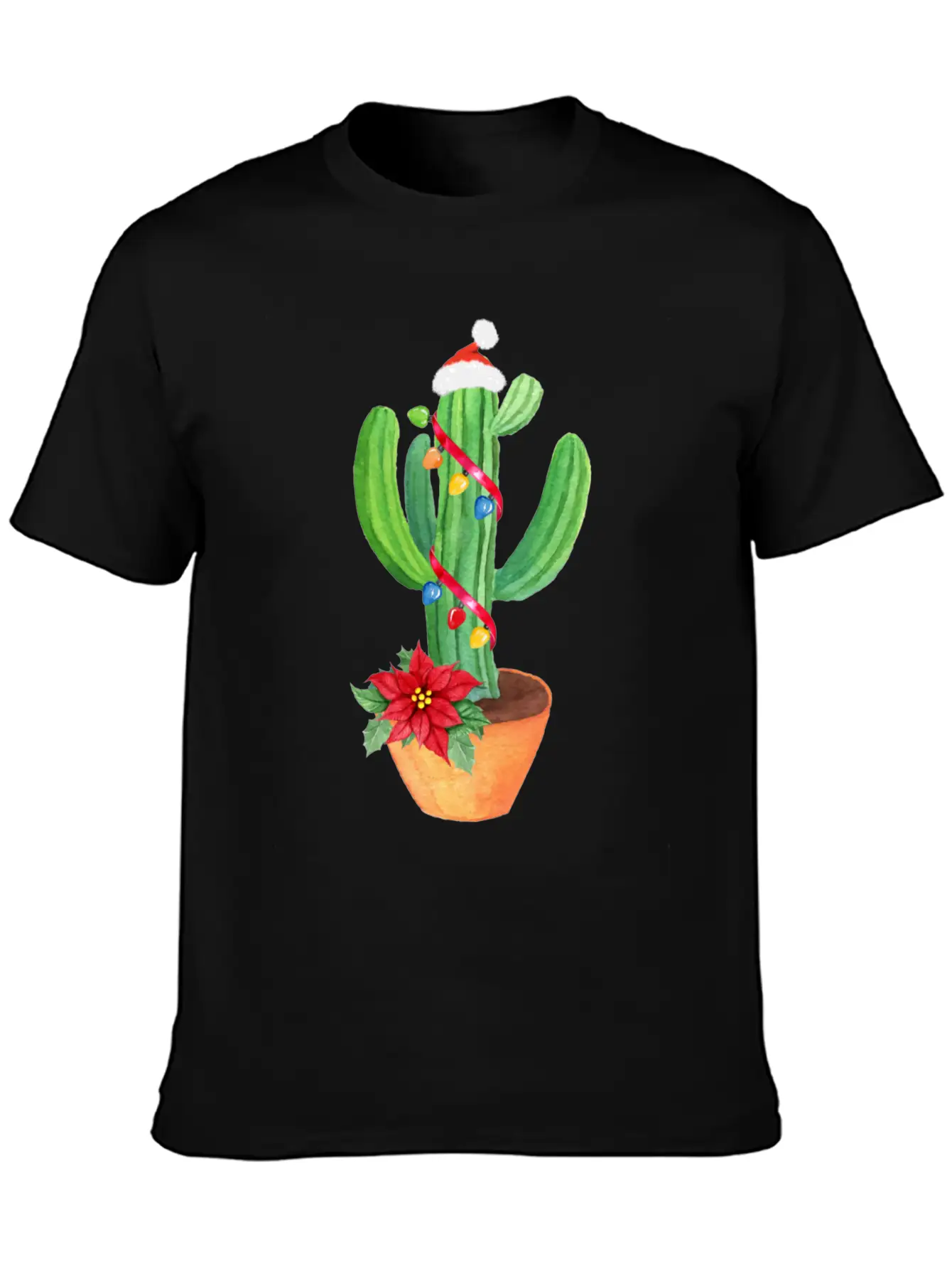 Funny Christmas Lights Cactus Santa Hat Cactus Essential Cotton Tee For Daily Outfits – Unisex Style