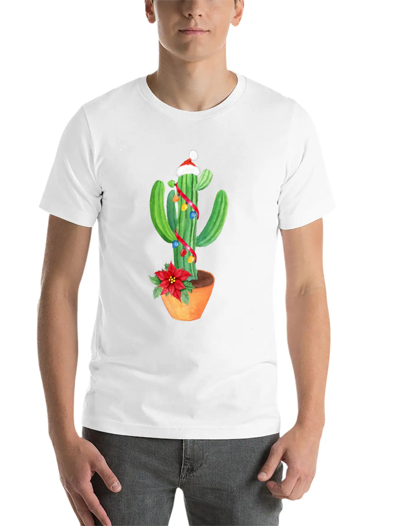 Funny Christmas Lights Cactus Santa Hat Cactus Essential Cotton Tee For Daily Outfits – Unisex Style