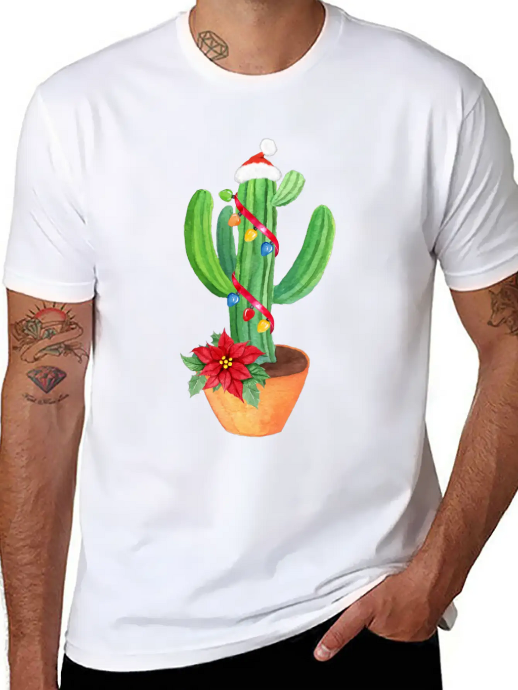Funny Christmas Lights Cactus Santa Hat Cactus Essential Cotton Tee For Daily Outfits – Unisex Style