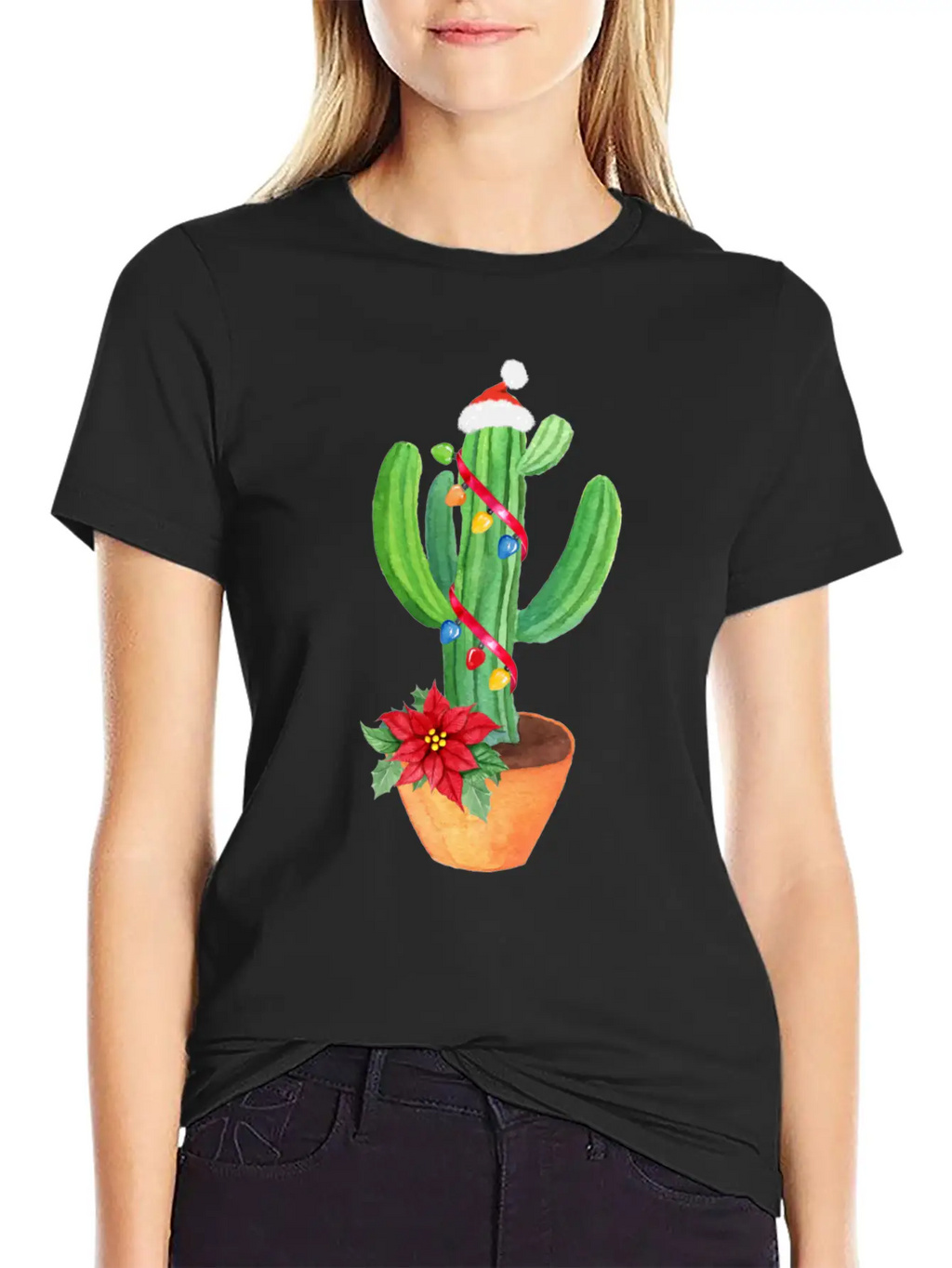 Funny Christmas Lights Cactus Santa Hat Cactus Essential Cotton Tee For Daily Outfits – Unisex Style