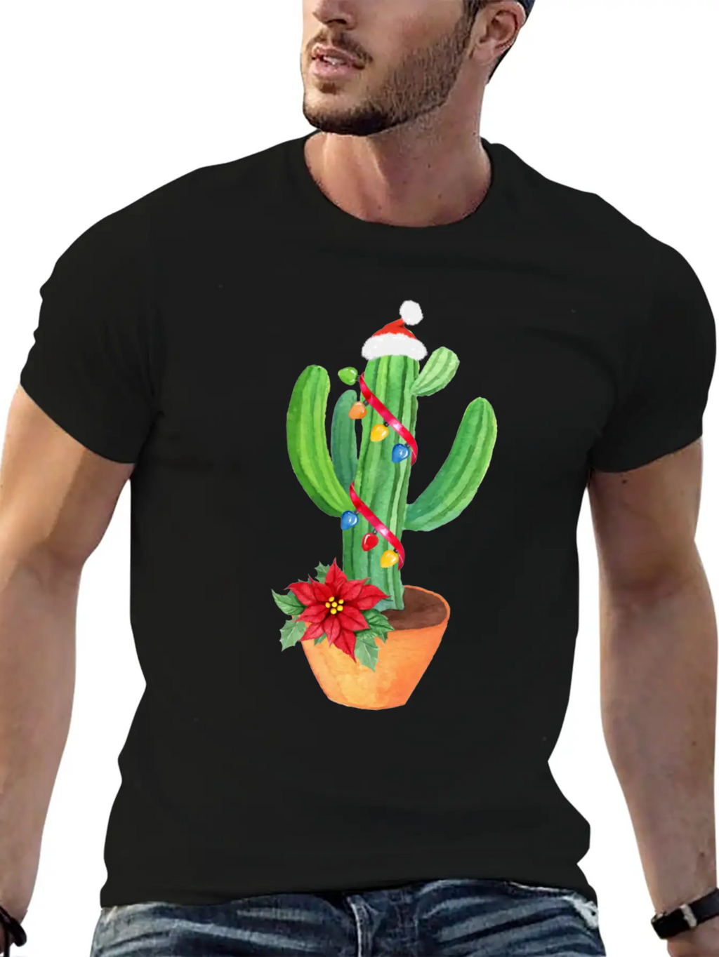 Funny Christmas Lights Cactus Santa Hat Cactus Essential Cotton Tee For Daily Outfits – Unisex Style