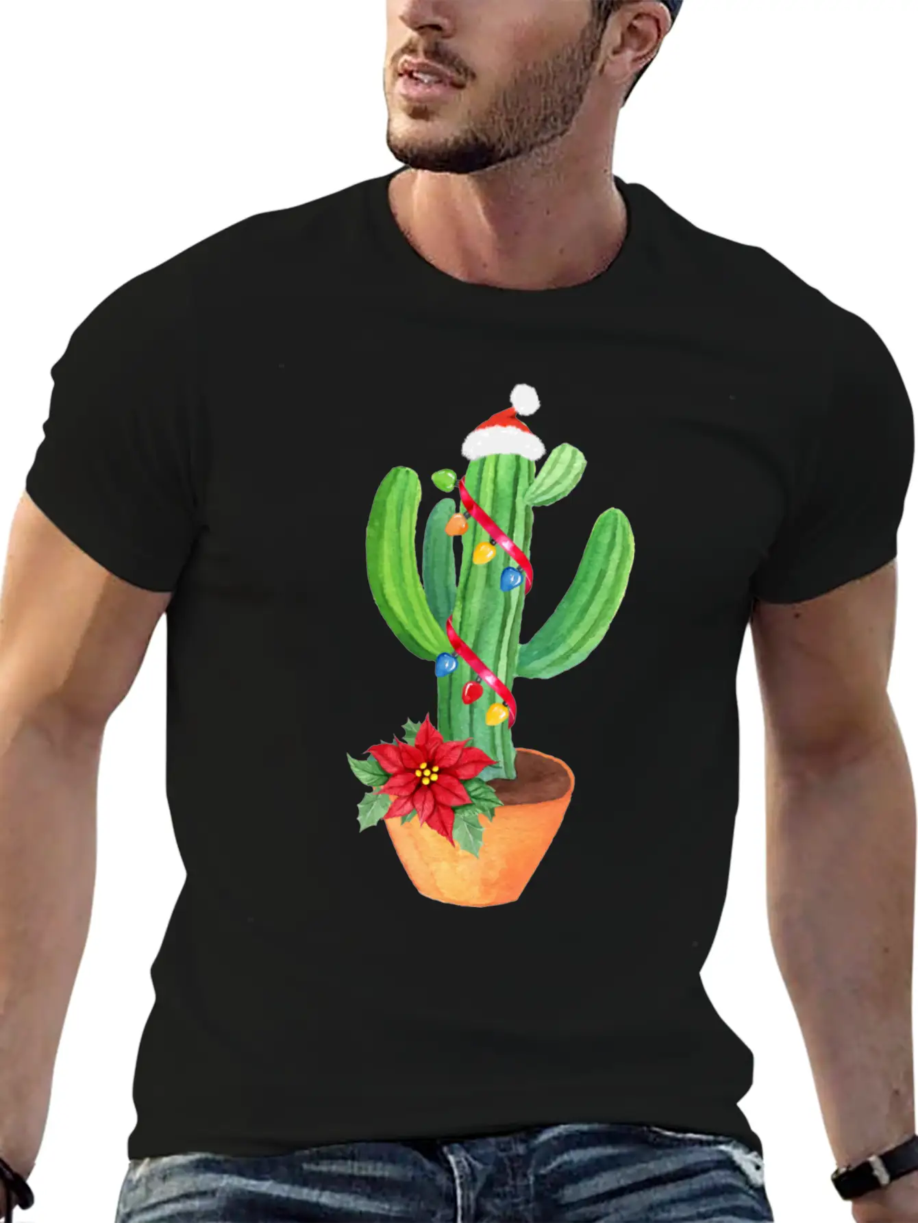 Funny Christmas Lights Cactus Santa Hat Cactus Essential Cotton Tee For Daily Outfits – Unisex Style