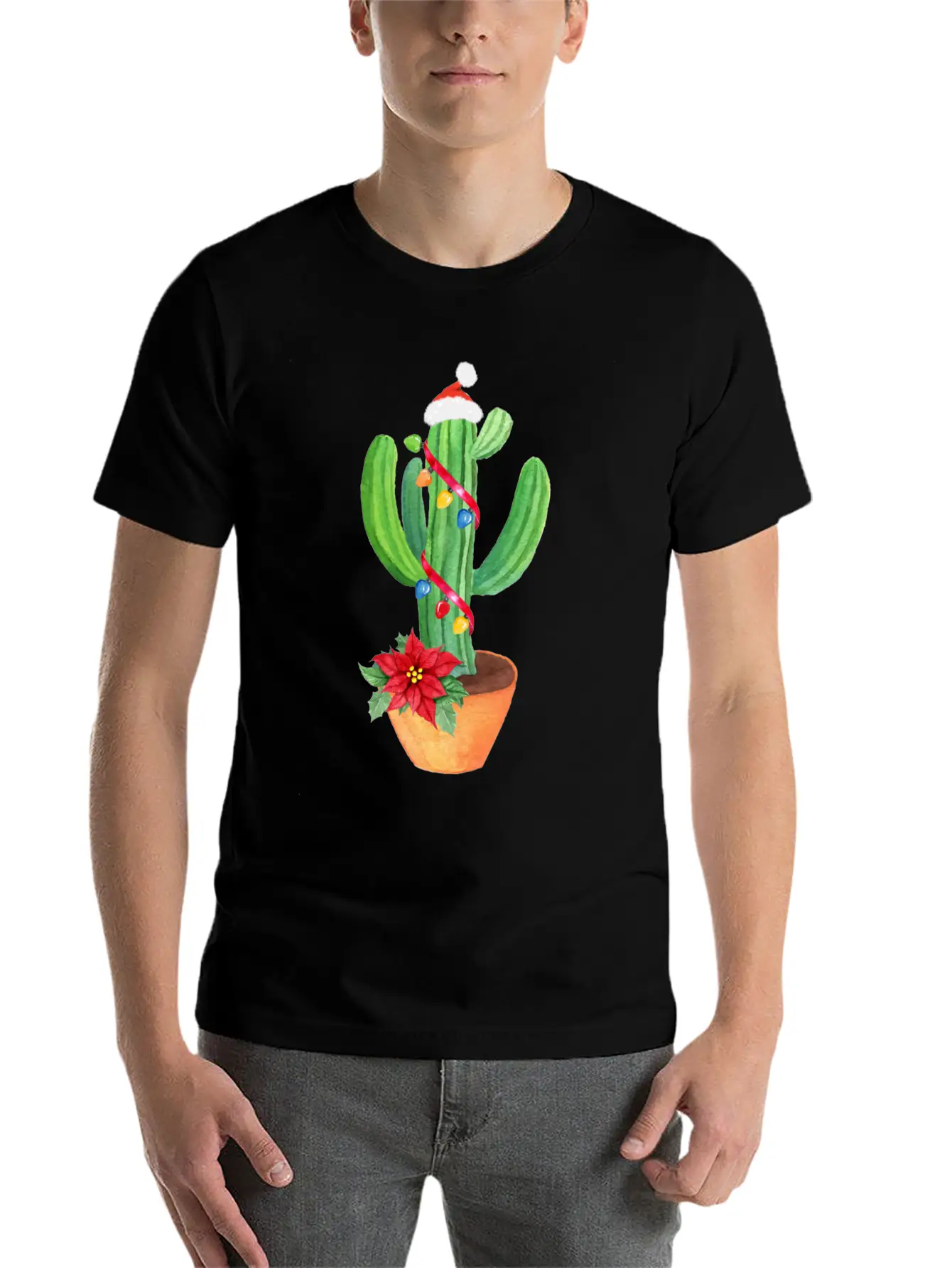 Funny Christmas Lights Cactus Santa Hat Cactus Essential Cotton Tee For Daily Outfits – Unisex Style