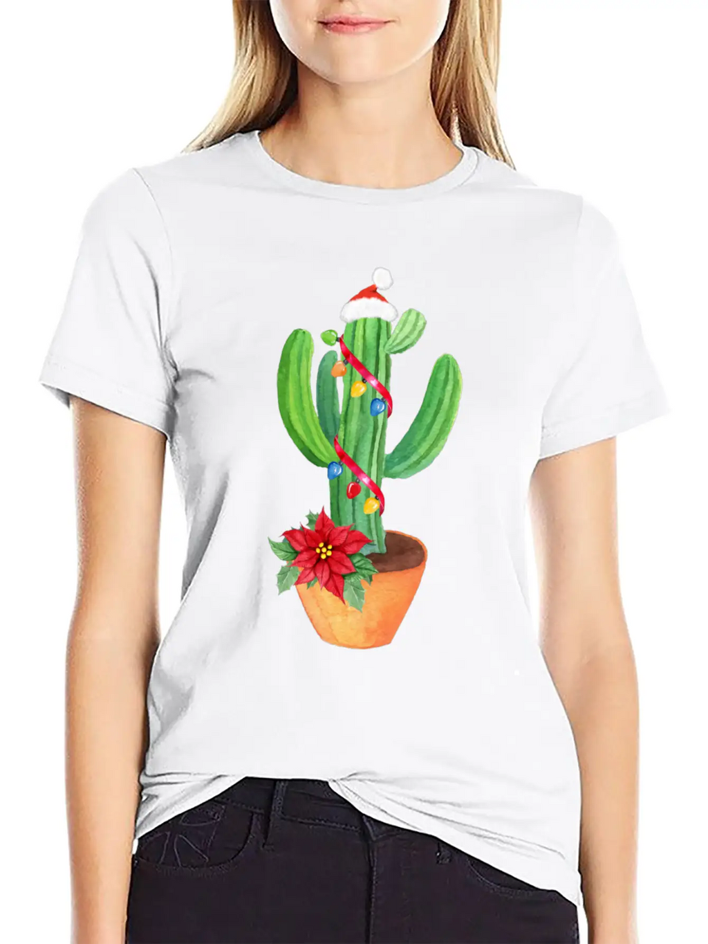 Funny Christmas Lights Cactus Santa Hat Cactus Essential Cotton Tee For Daily Outfits – Unisex Style