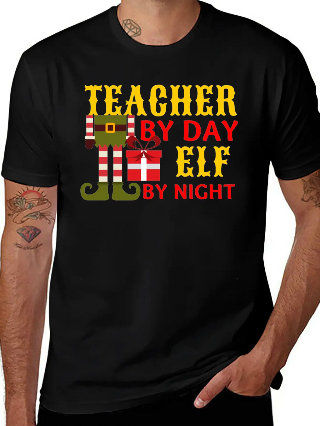Funny Christmas Teacher By Day Elf By Night Unisex Short Sleeve Soft Cotton T-Shirt – Casual Everyday Wear