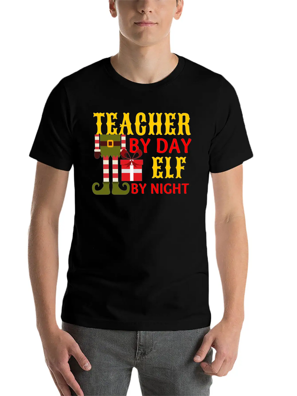 Funny Christmas Teacher By Day Elf By Night Unisex Short Sleeve Soft Cotton T-Shirt – Casual Everyday Wear