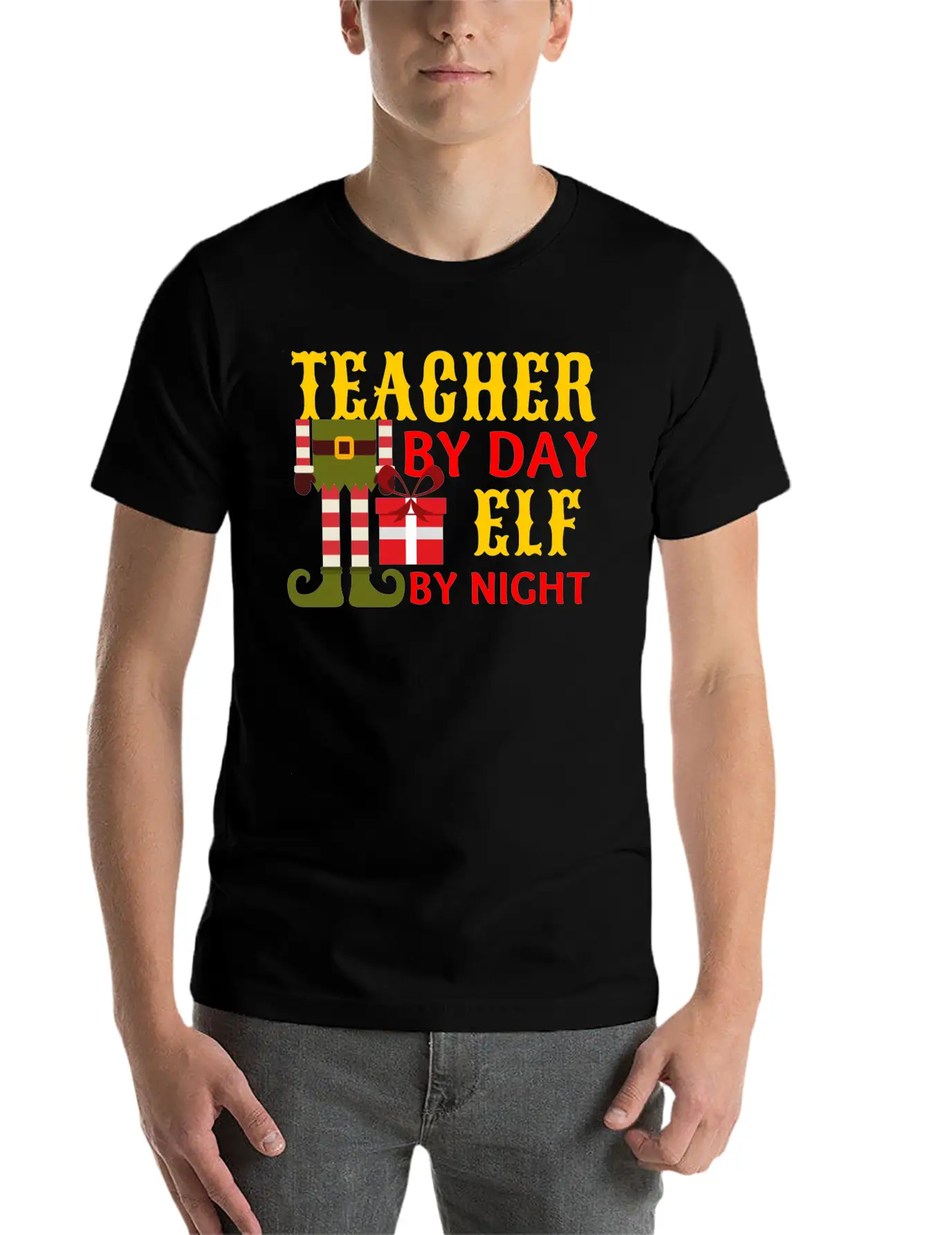 Funny Christmas Teacher By Day Elf By Night Unisex Short Sleeve Soft Cotton T-Shirt – Casual Everyday Wear