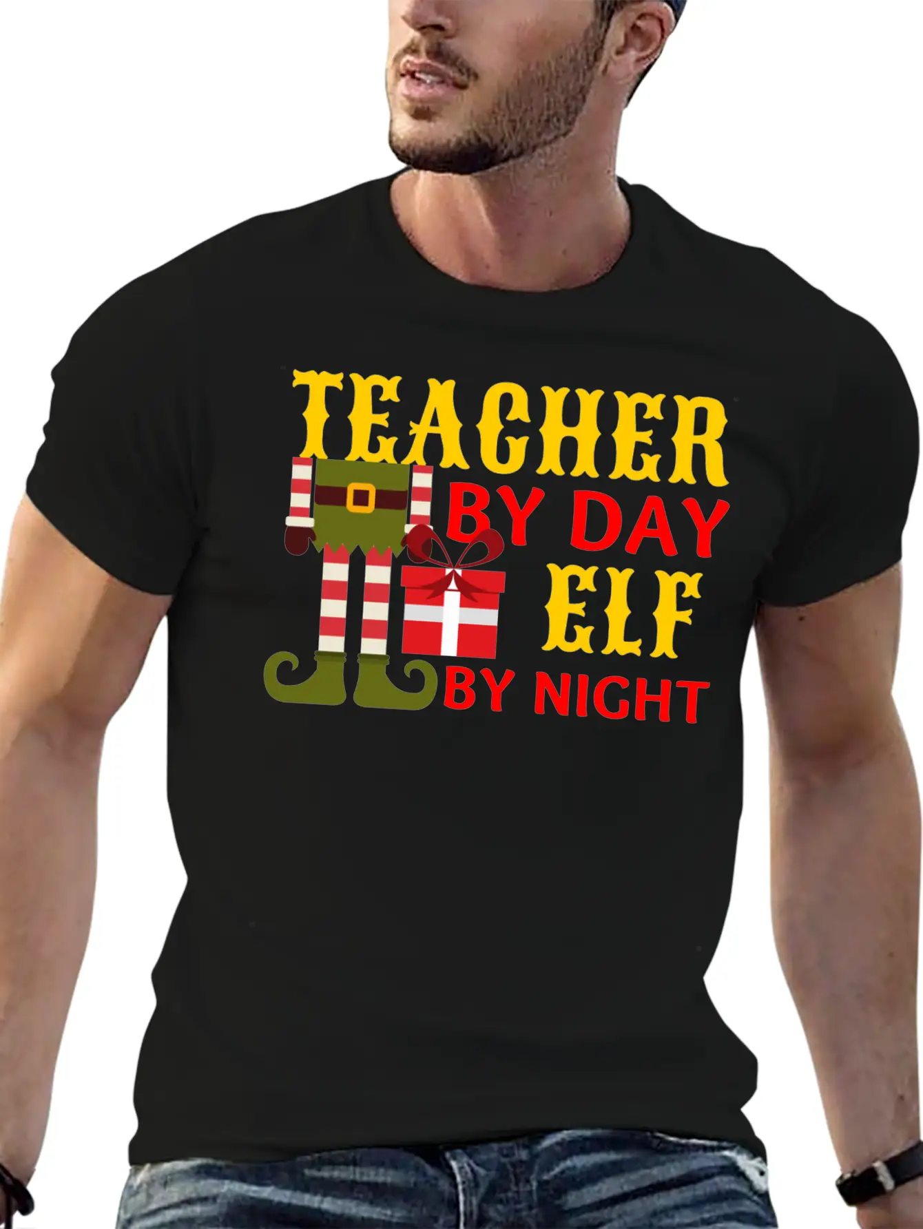 Funny Christmas Teacher By Day Elf By Night Unisex Short Sleeve Soft Cotton T-Shirt – Casual Everyday Wear