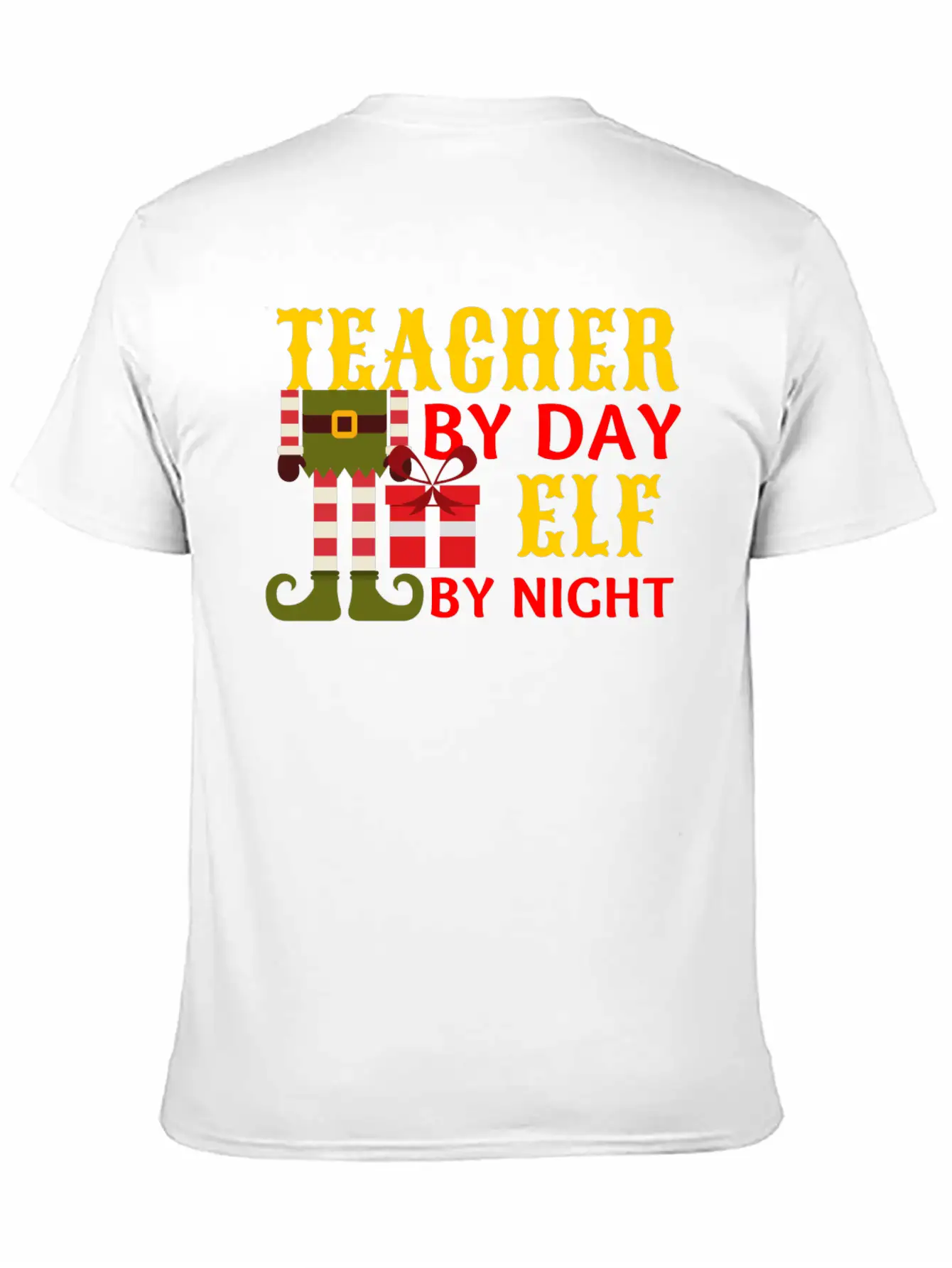Funny Christmas Teacher By Day Elf By Night Unisex Short Sleeve Soft Cotton T-Shirt – Casual Everyday Wear