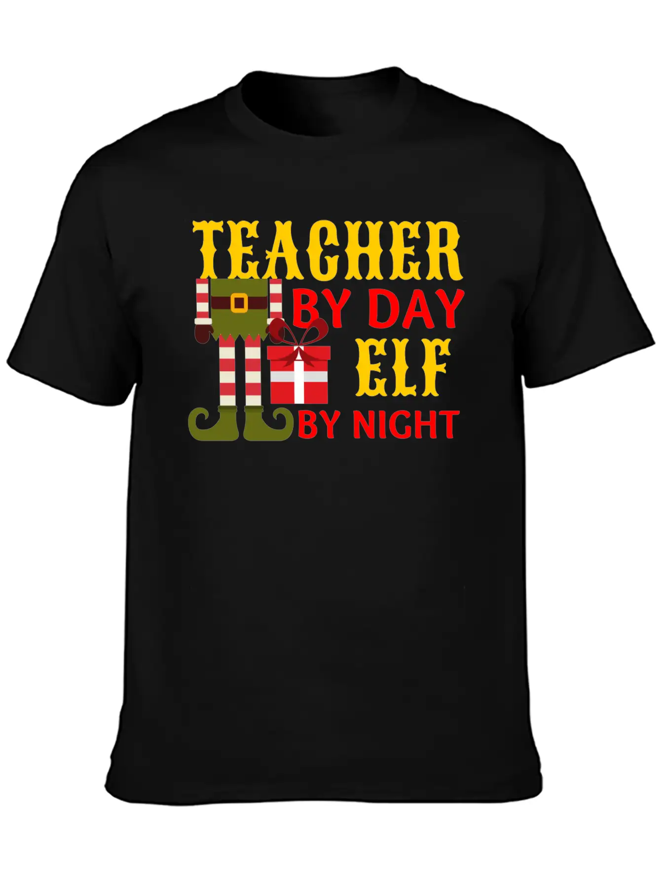 Funny Christmas Teacher By Day Elf By Night Unisex Short Sleeve Soft Cotton T-Shirt – Casual Everyday Wear