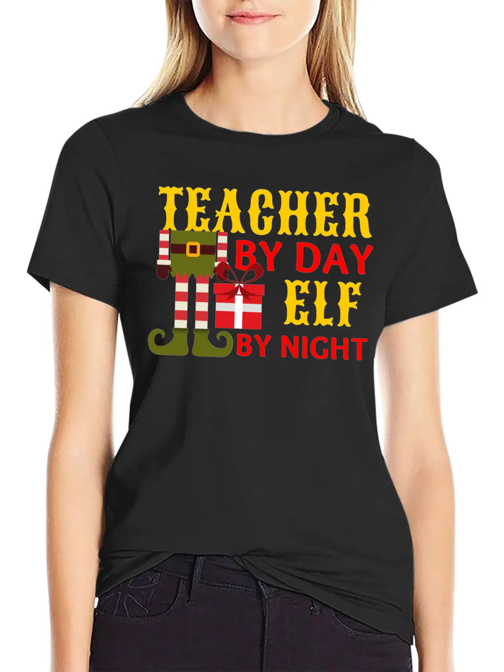 Funny Christmas Teacher By Day Elf By Night Unisex Short Sleeve Soft Cotton T-Shirt – Casual Everyday Wear