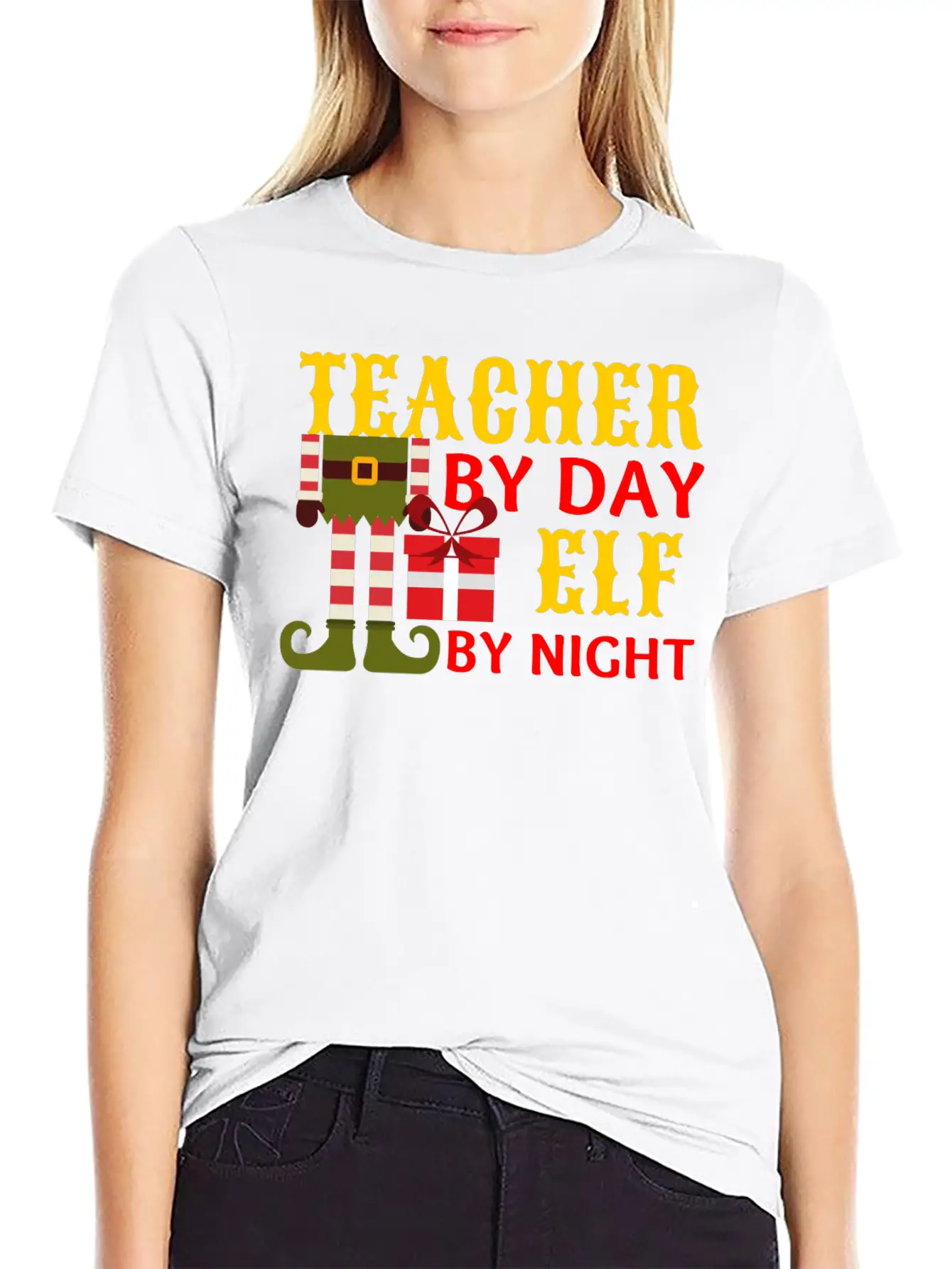 Funny Christmas Teacher By Day Elf By Night Unisex Short Sleeve Soft Cotton T-Shirt – Casual Everyday Wear