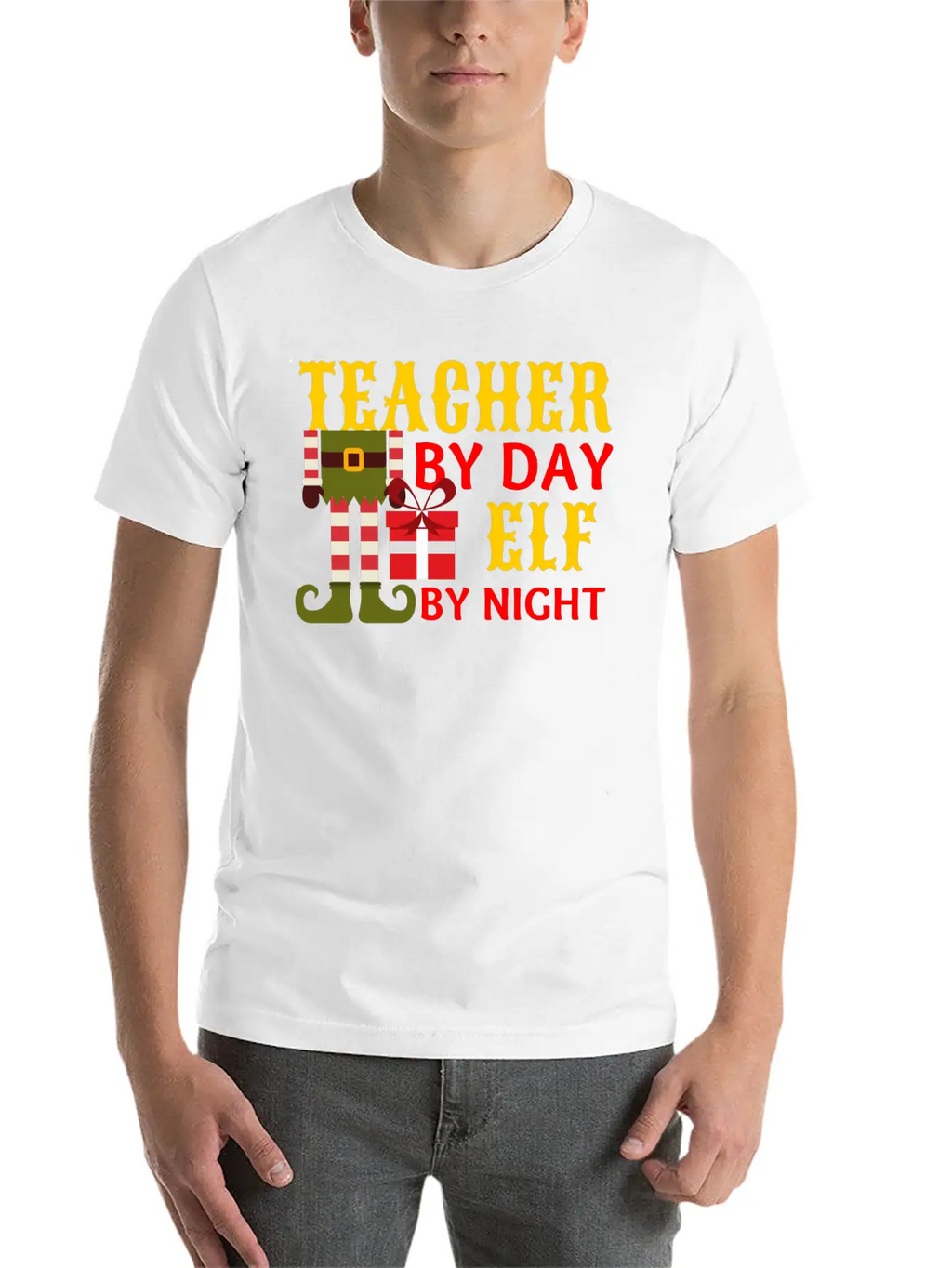 Funny Christmas Teacher By Day Elf By Night Unisex Short Sleeve Soft Cotton T-Shirt – Casual Everyday Wear