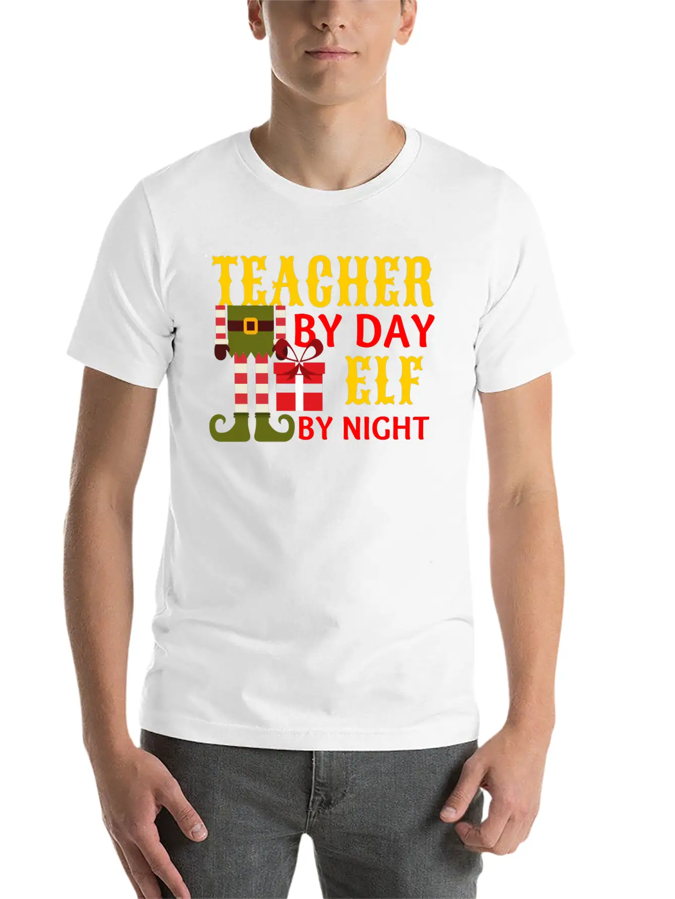 Funny Christmas Teacher By Day Elf By Night Unisex Short Sleeve Soft Cotton T-Shirt – Casual Everyday Wear