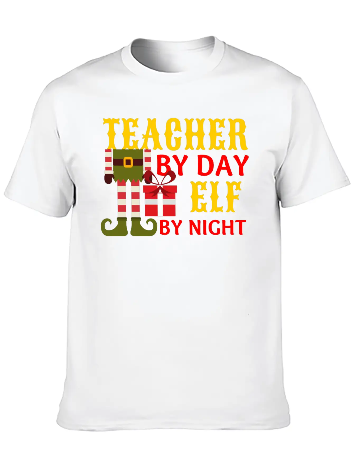 Funny Christmas Teacher By Day Elf By Night Unisex Short Sleeve Soft Cotton T-Shirt – Casual Everyday Wear