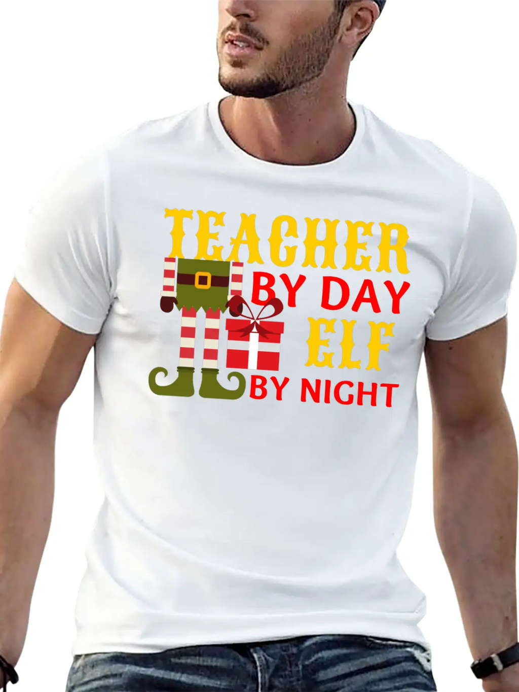 Funny Christmas Teacher By Day Elf By Night Unisex Short Sleeve Soft Cotton T-Shirt – Casual Everyday Wear