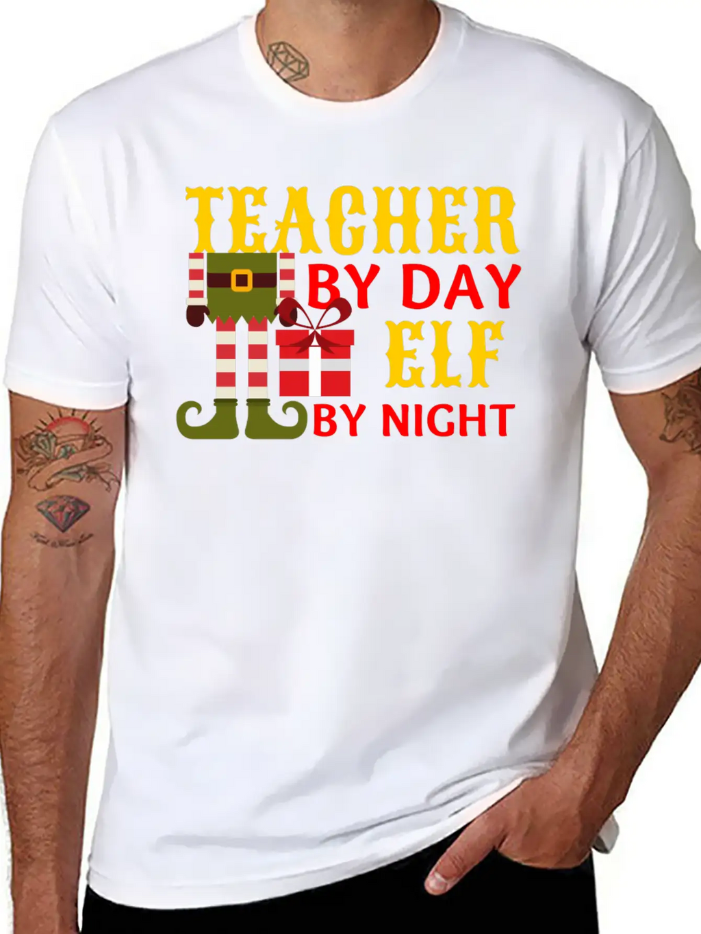 Funny Christmas Teacher By Day Elf By Night Unisex Short Sleeve Soft Cotton T-Shirt – Casual Everyday Wear