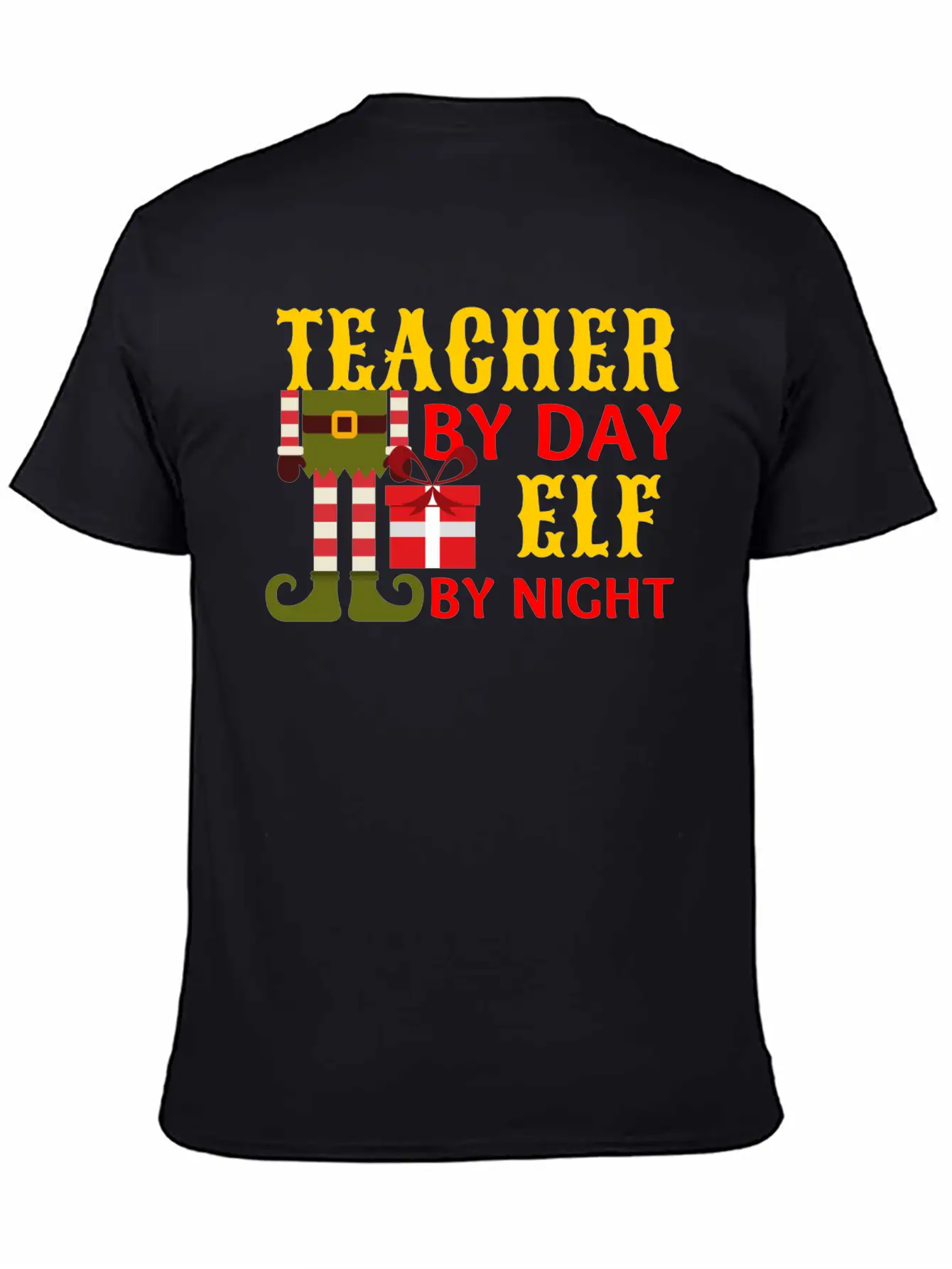 Funny Christmas Teacher By Day Elf By Night Unisex Short Sleeve Soft Cotton T-Shirt – Casual Everyday Wear