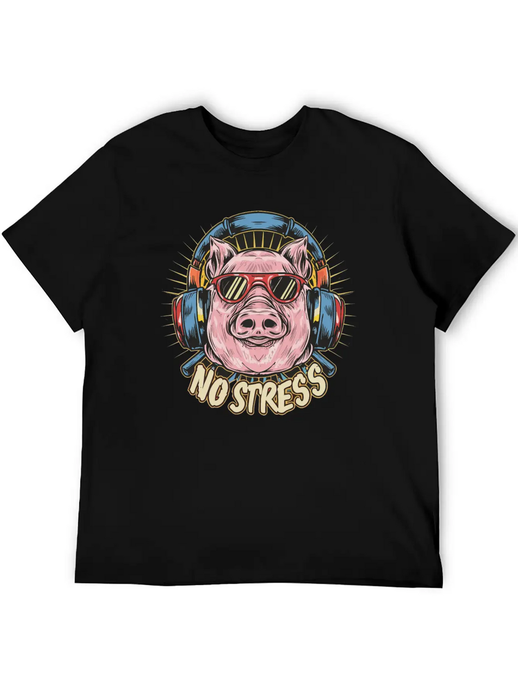 Funny Pig With Headphones Funny Saying NO STRESS Unisex Short Sleeve Soft Cotton T-Shirt – Casual Everyday Wear