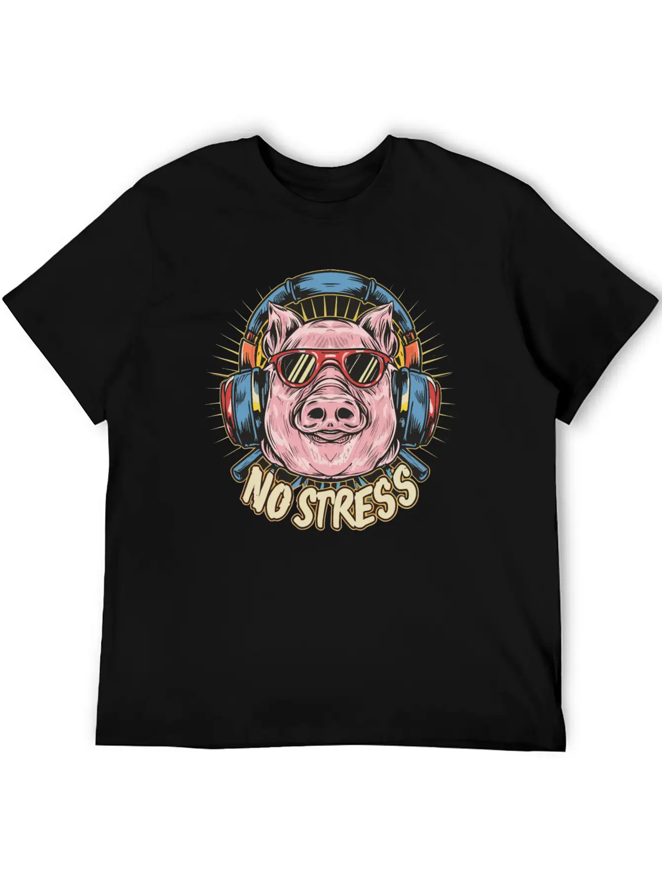 Funny Pig With Headphones Funny Saying NO STRESS Unisex Short Sleeve Soft Cotton T-Shirt – Casual Everyday Wear
