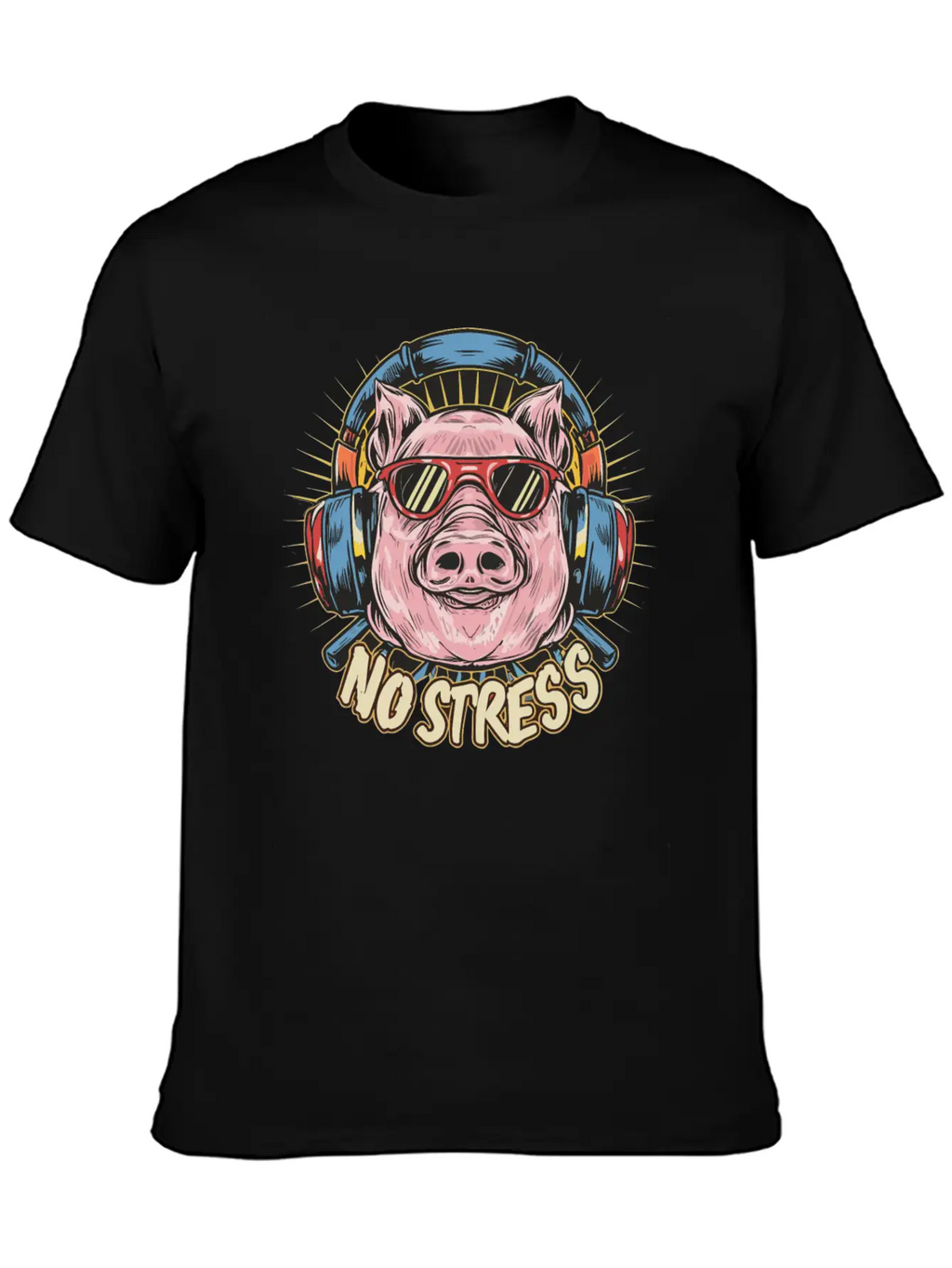 Funny Pig With Headphones Funny Saying NO STRESS Unisex Short Sleeve Soft Cotton T-Shirt – Casual Everyday Wear