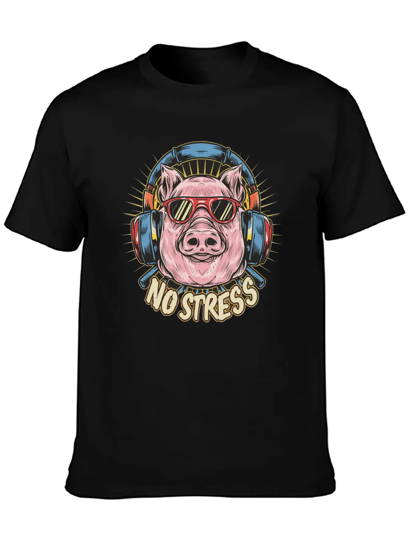 Funny Pig With Headphones Funny Saying NO STRESS Unisex Short Sleeve Soft Cotton T-Shirt – Casual Everyday Wear