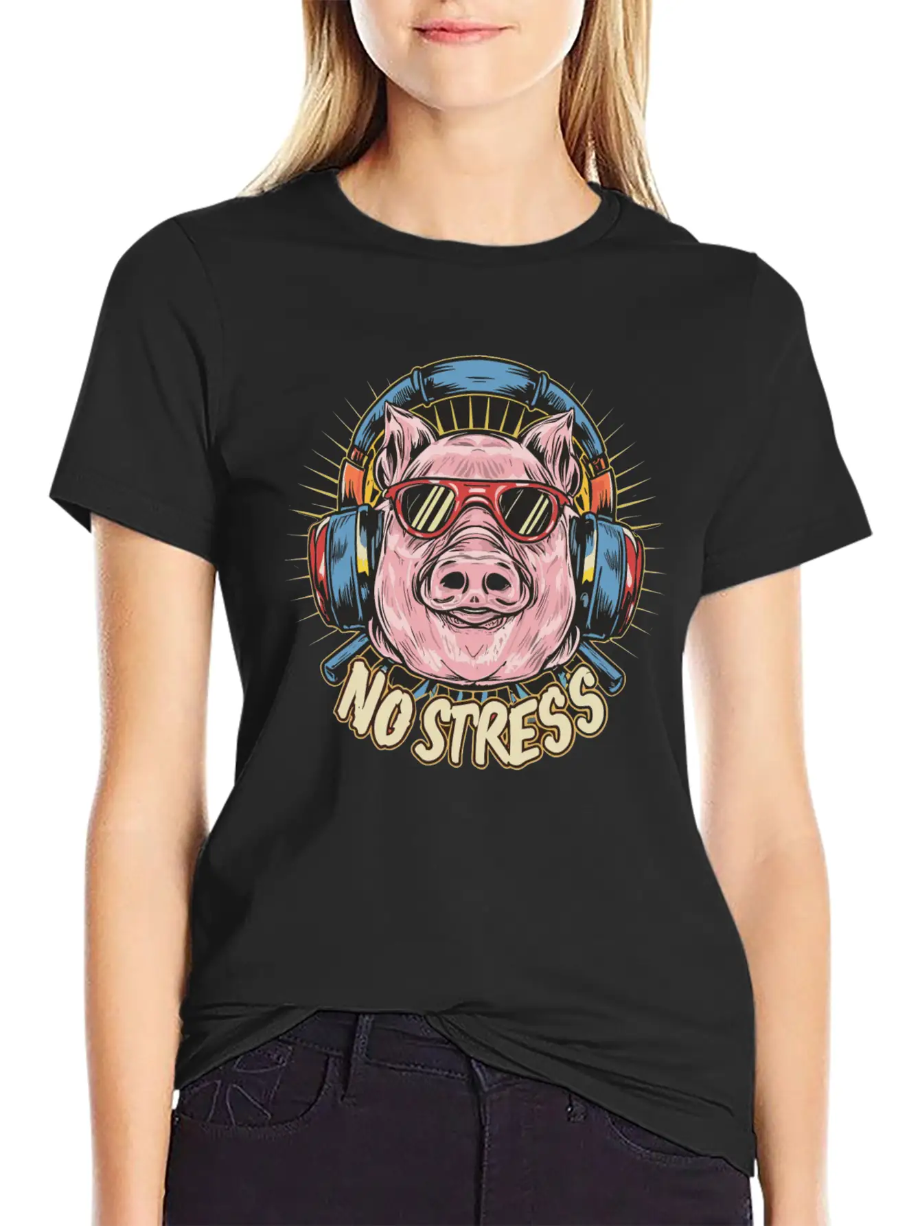 Funny Pig With Headphones Funny Saying NO STRESS Unisex Short Sleeve Soft Cotton T-Shirt – Casual Everyday Wear